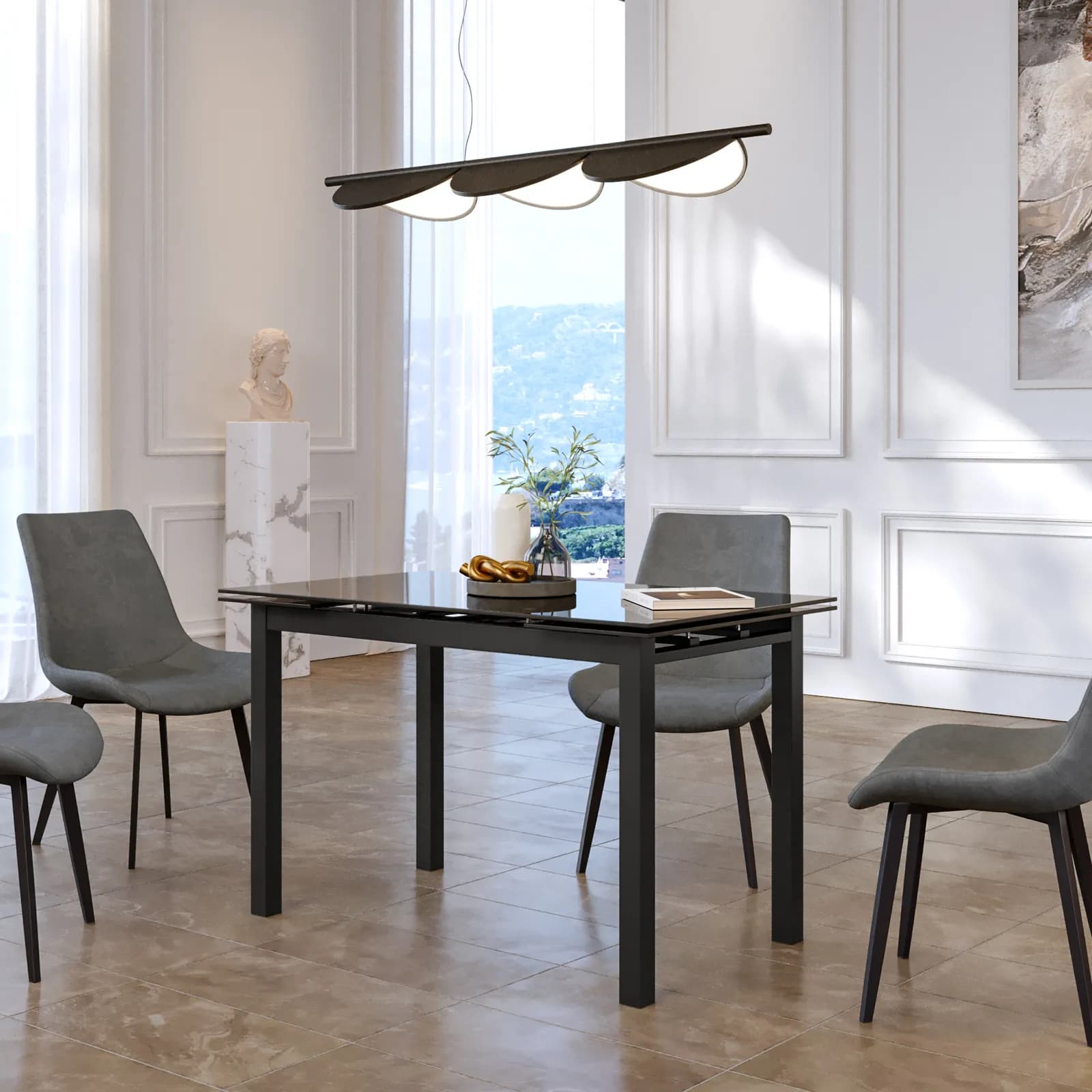 Tavolo allungabile 120-180x70 cm con piano in vetro nero - Namari