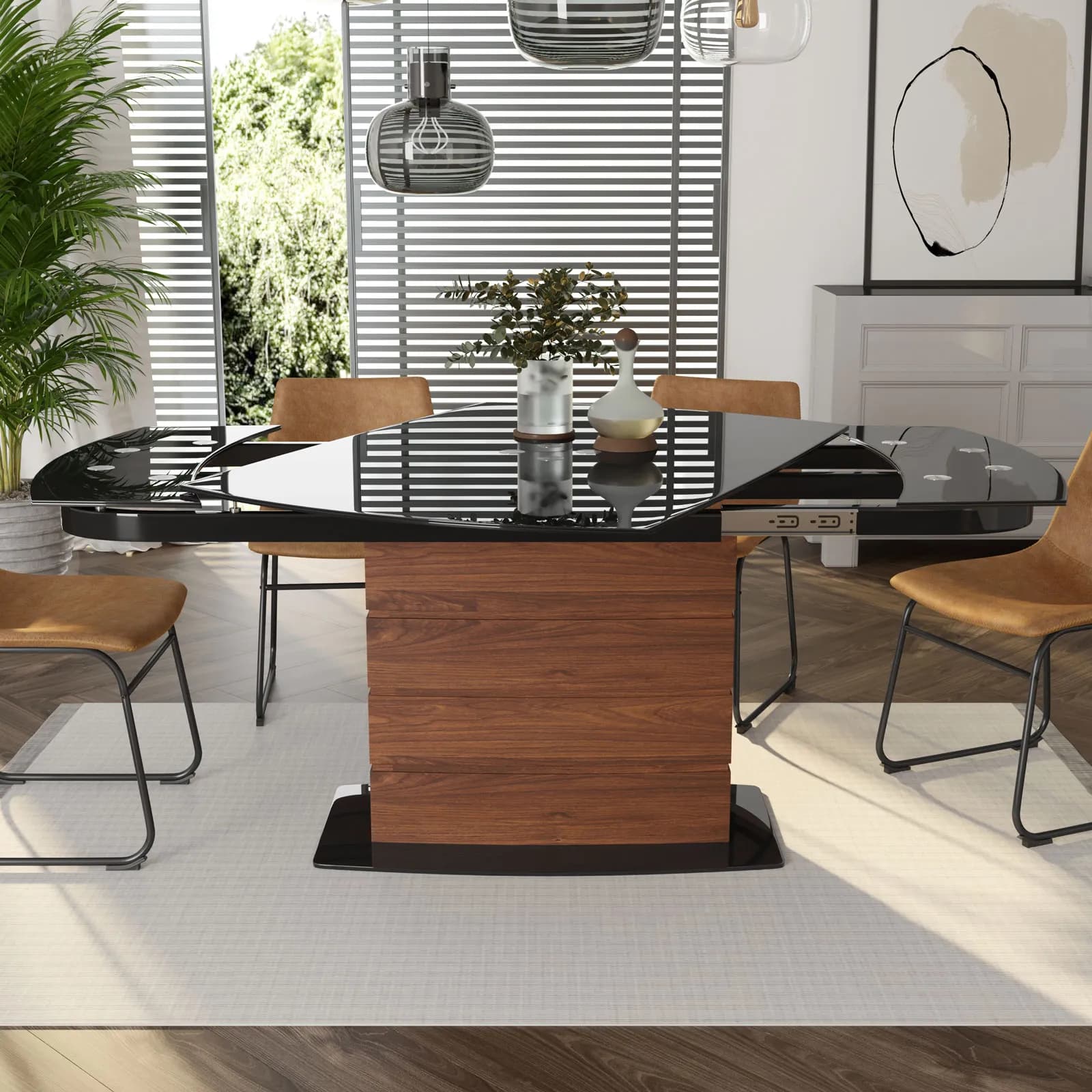 Tavolo allungabile 130-190x90 cm meccanismo girevole con piano 10 mm in vetro nero - Luxa