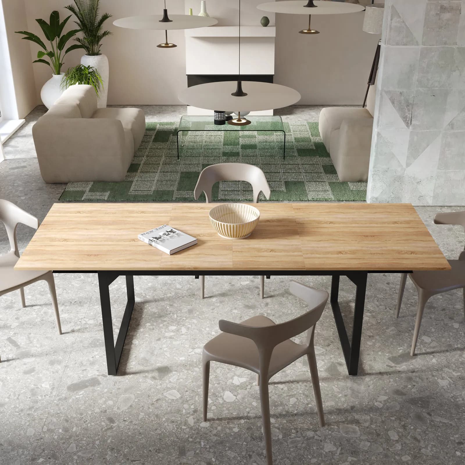 Tavolo allungabile 160-240x90 cm in acciaio nero e top effetto rovere - Emyl