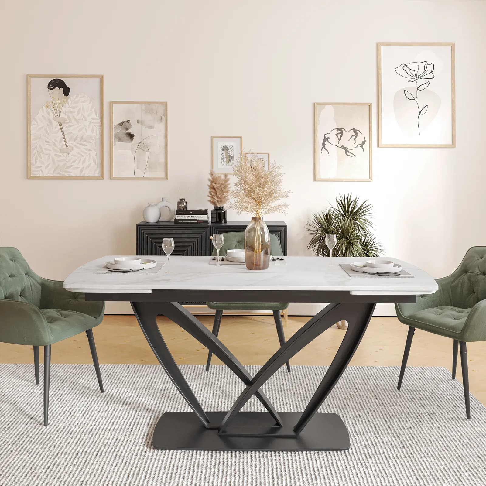 Tavolo allungabile 160-240x90 cm top in ceramica effetto marmo bianco e base ad archi in metallo nero - Apex