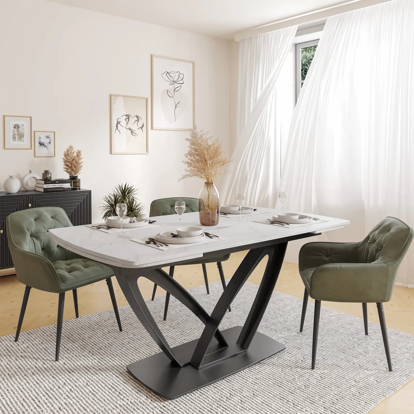 Tavolo allungabile 160-240x90 cm top in ceramica effetto marmo bianco e base ad archi in metallo nero - Apex