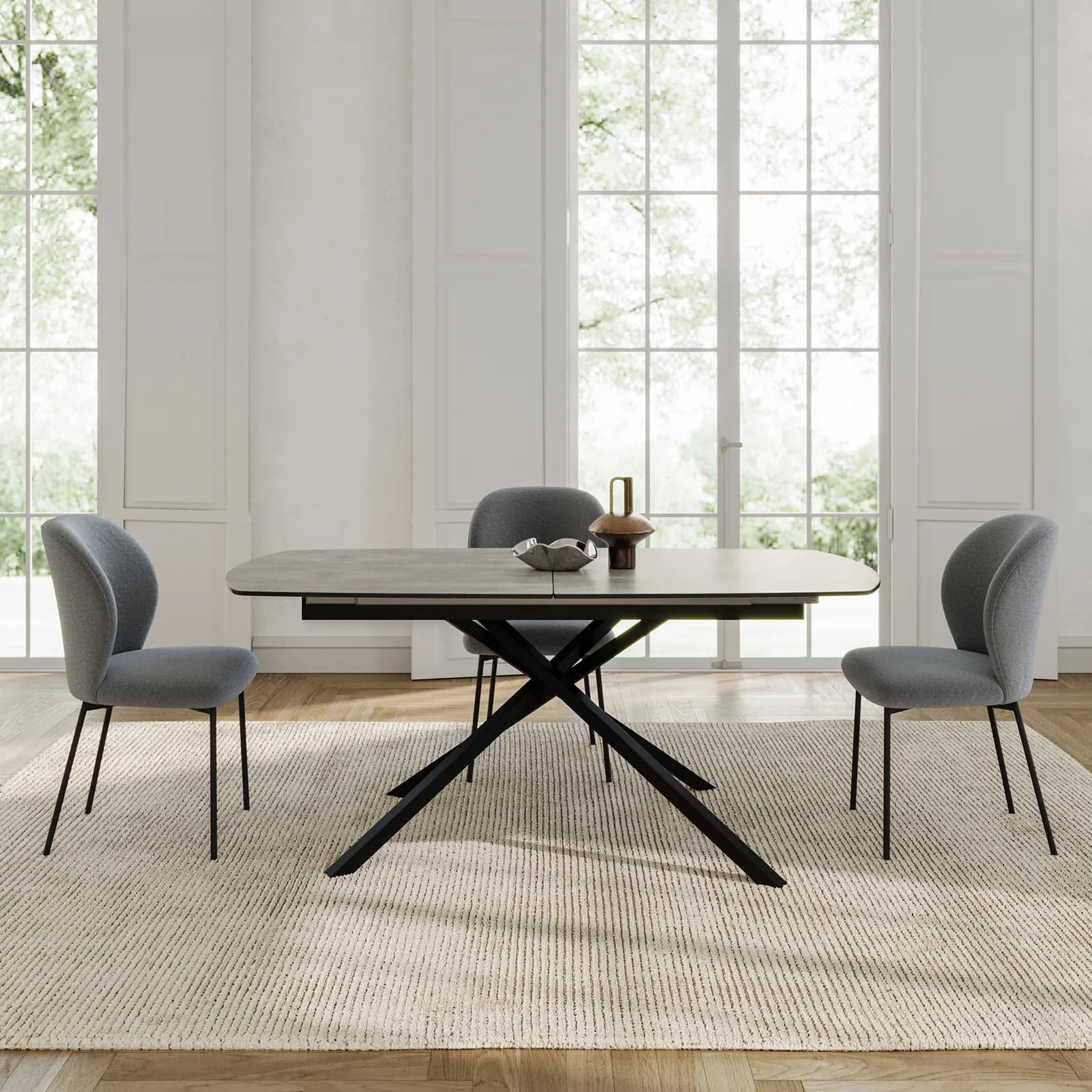 Tavolo allungabile 180-220x90 cm top vetro effetto marmo con gambe in metallo nero - Helman