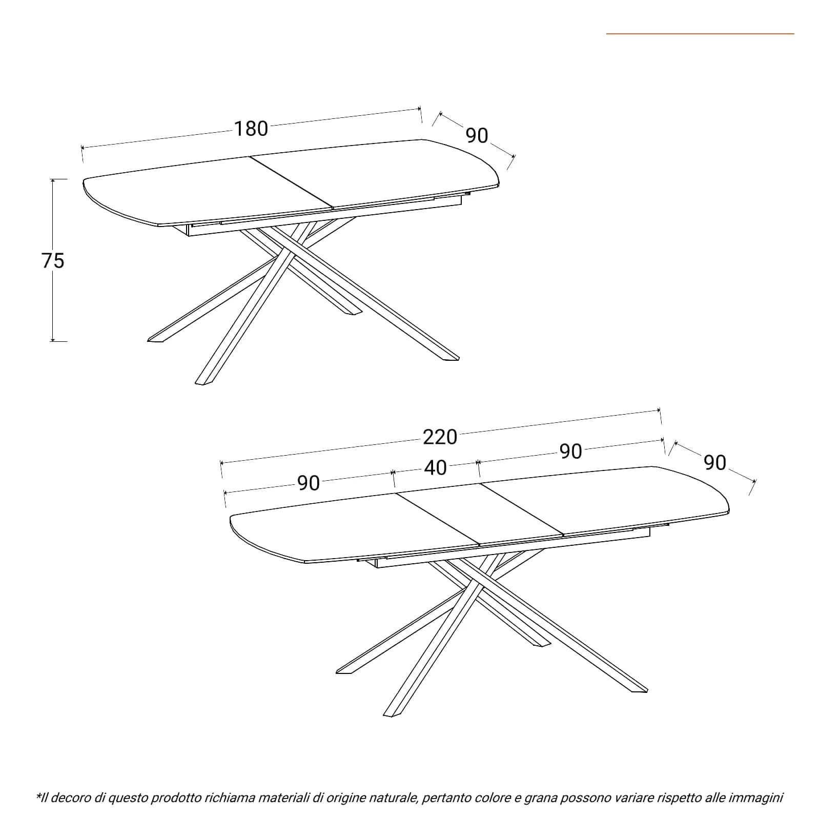 Tavolo allungabile 180-220x90 cm top vetro effetto marmo con gambe in metallo nero - Helman