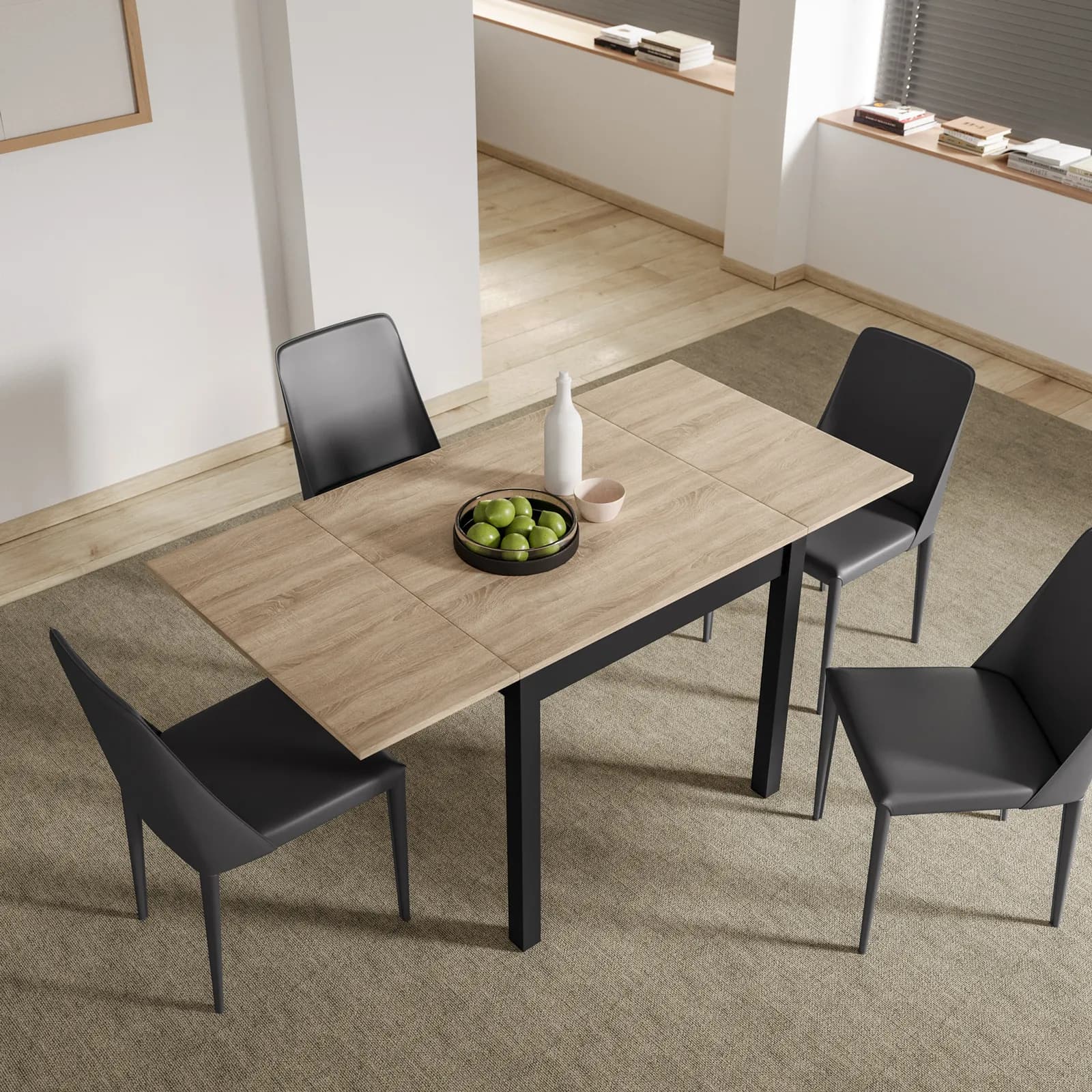 Tavolo allungabile 80-152x80 cm con top effetto rovere e gambe nere - Dragomir