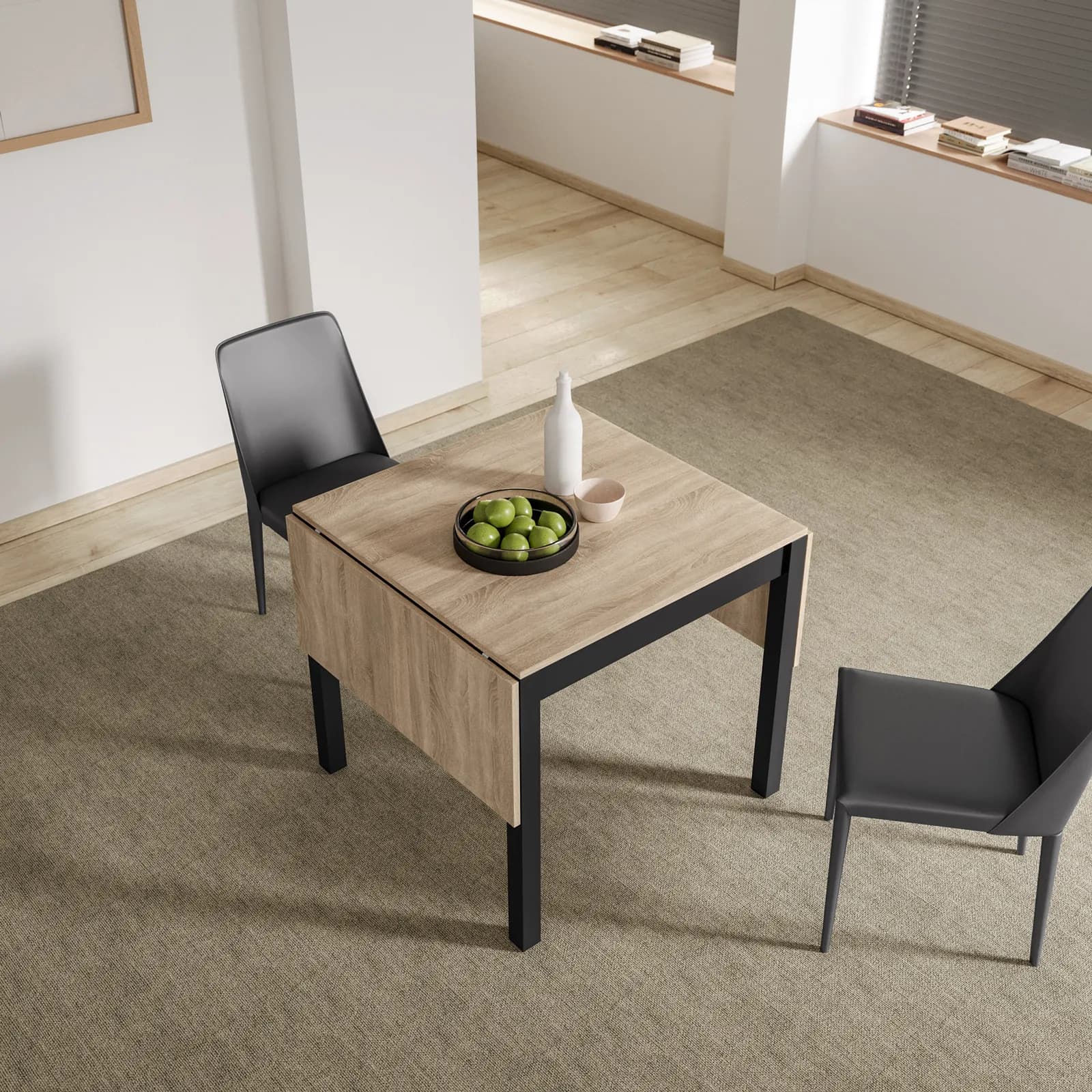 Tavolo allungabile 80-152x80 cm con top effetto rovere e gambe nere - Dragomir