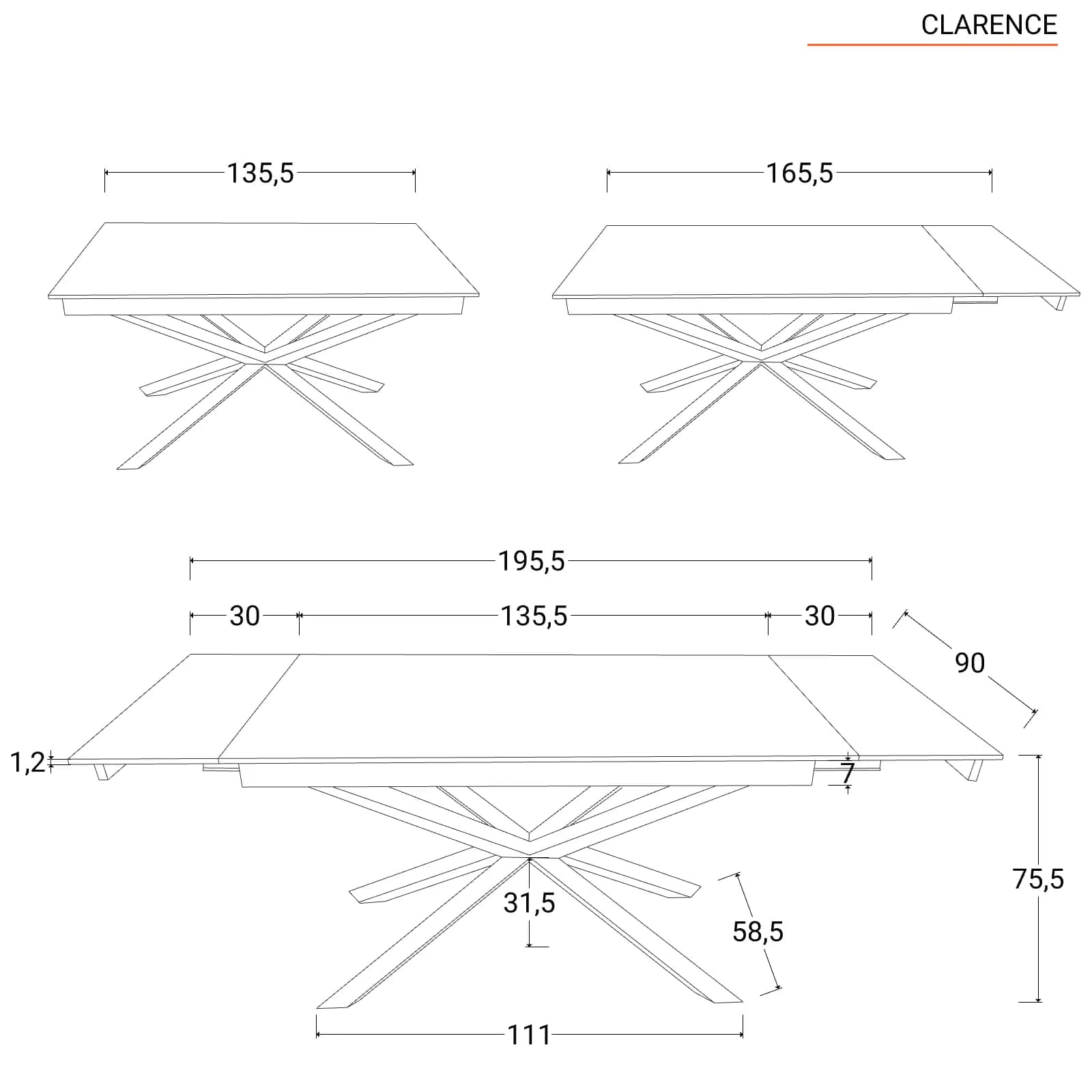 Tavolo allungabile fino a 135-195x90 cm con piano 12 mm in ceramica grigio scuro - Clarence