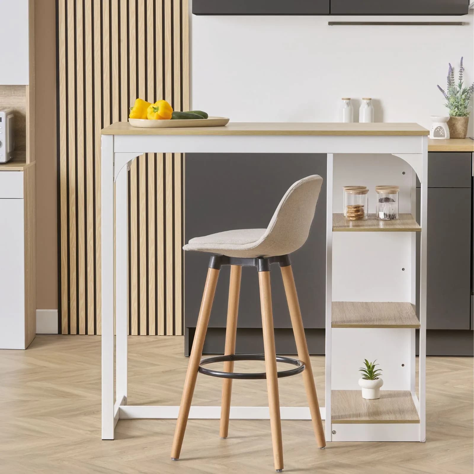 Tavolo alto 105x60 cm bianco ed effetto rovere con ripiani - Jarek