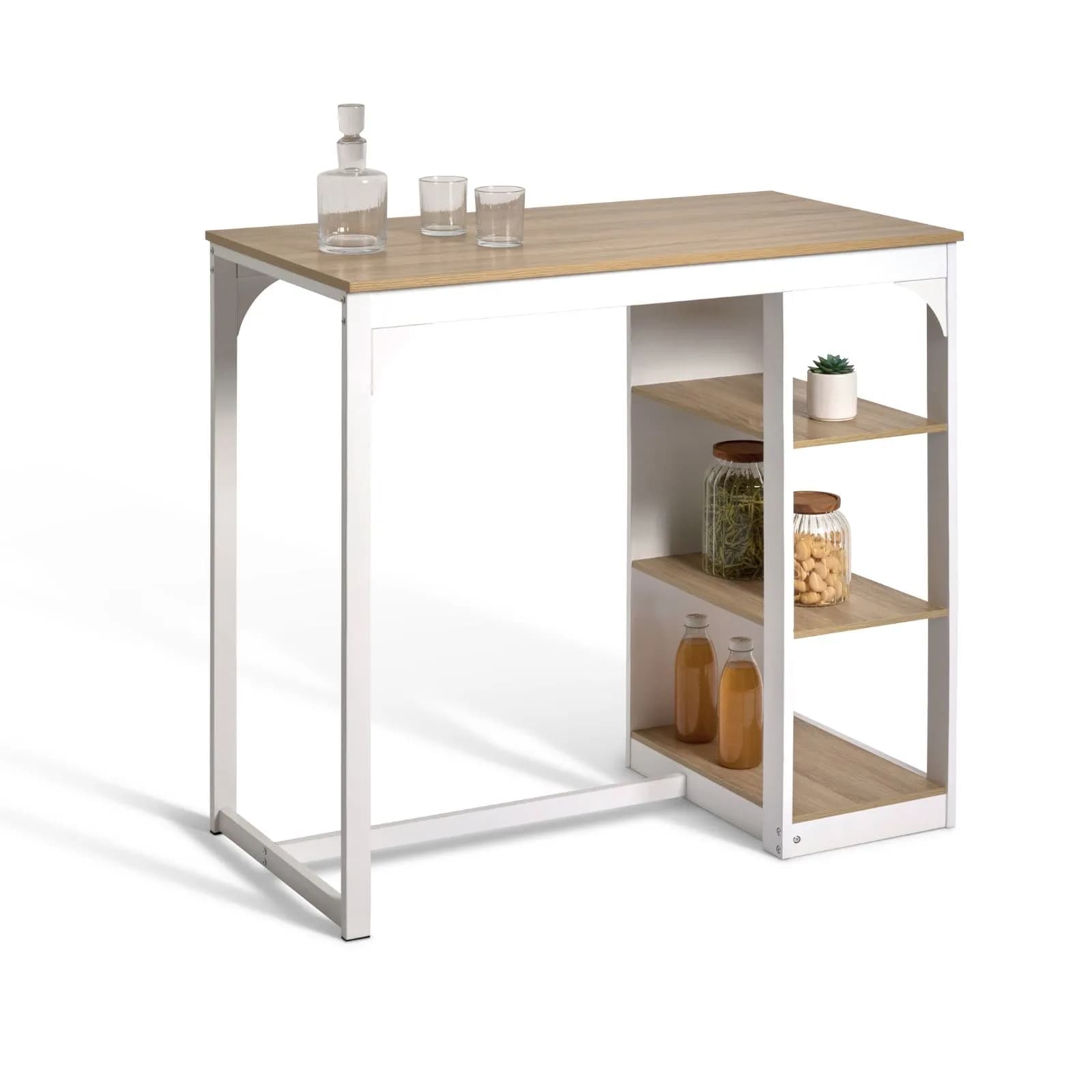 Tavolo alto 105x60 cm bianco ed effetto rovere con ripiani - Jarek