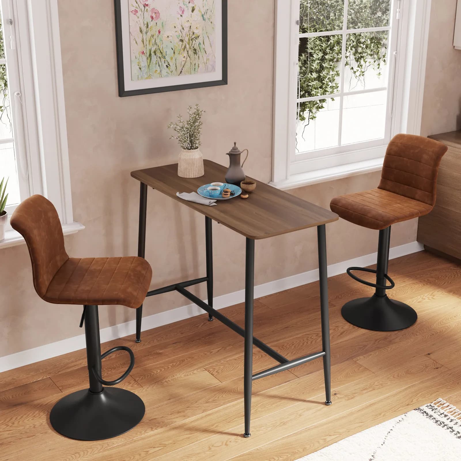Tavolo alto 120x50 cm con top effetto rovere e struttura in metallo nero - Harvon