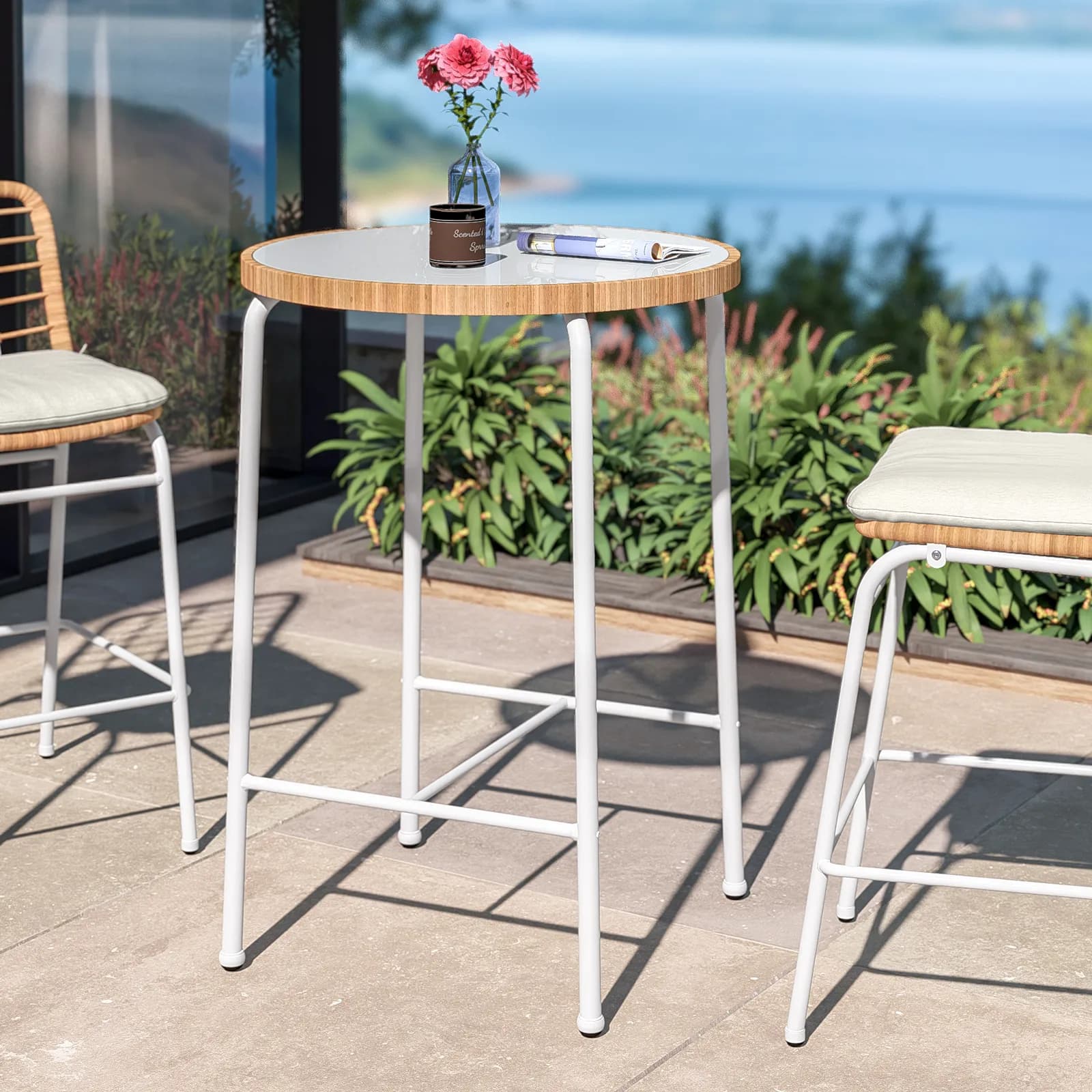Tavolo alto da esterno rotondo 70 cm in acciaio bianco polyrattan naturale e top in vetro - Griel