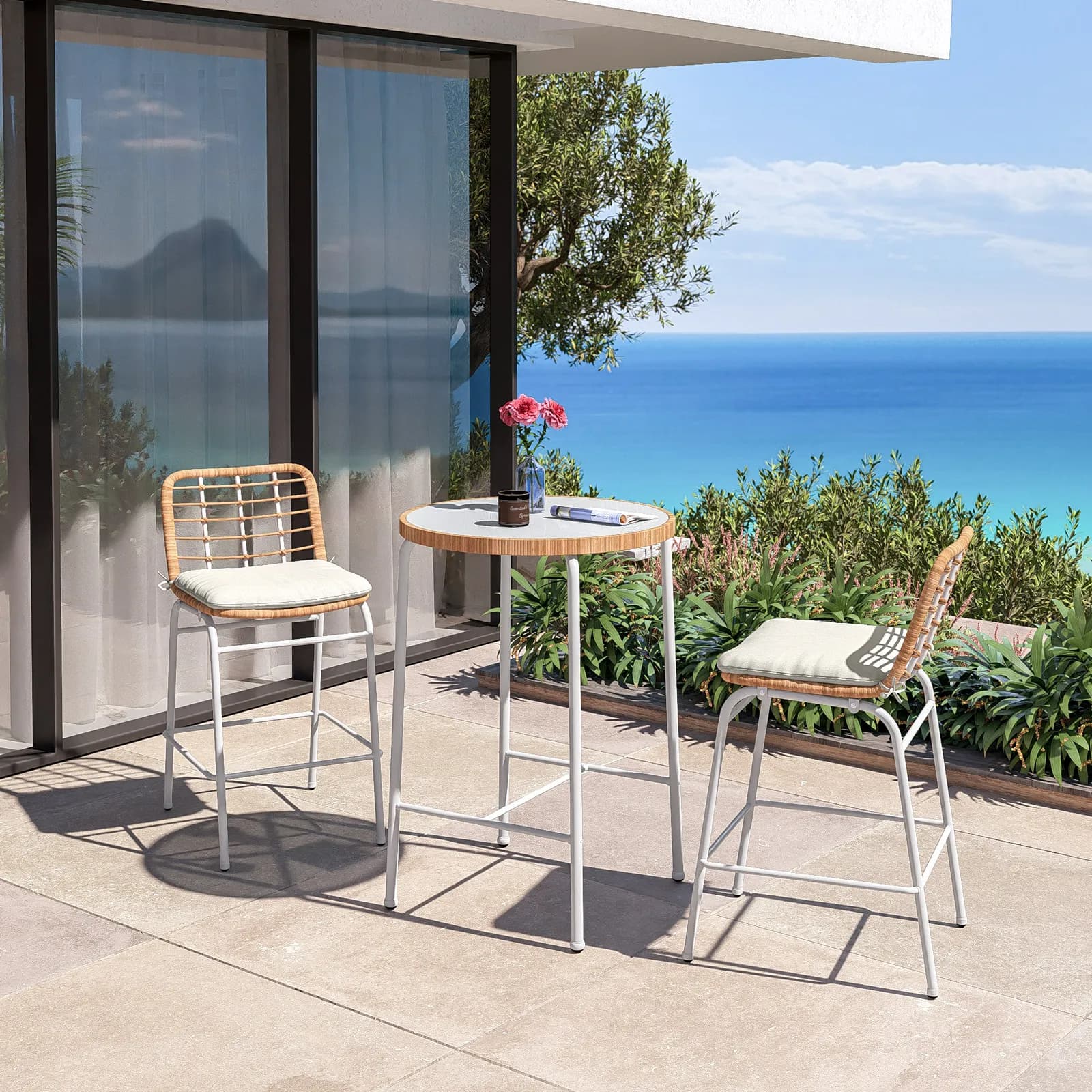 Tavolo alto da esterno rotondo 70 cm in acciaio bianco polyrattan naturale e top in vetro - Griel