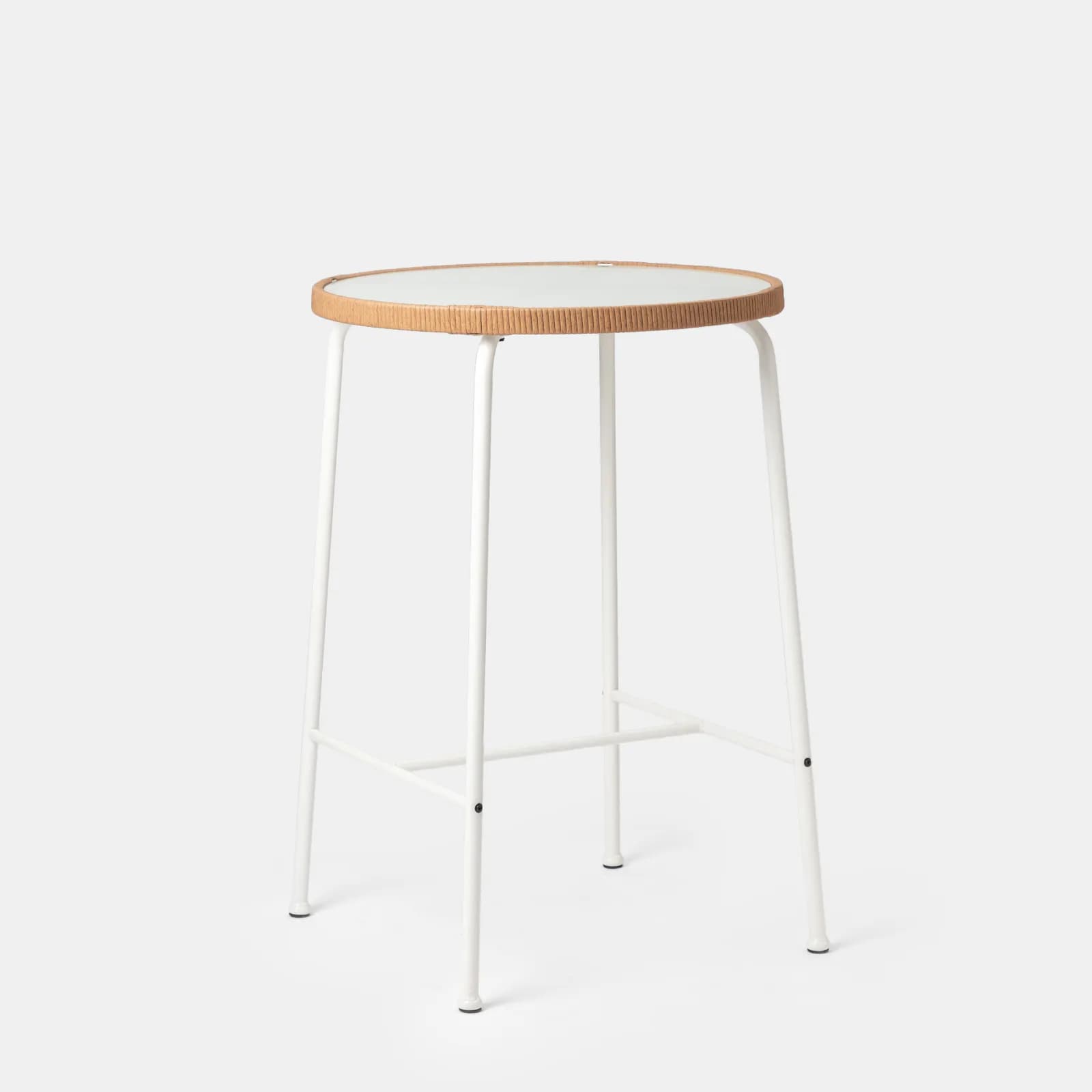 Tavolo alto da esterno rotondo 70 cm in acciaio bianco polyrattan naturale e top in vetro - Griel
