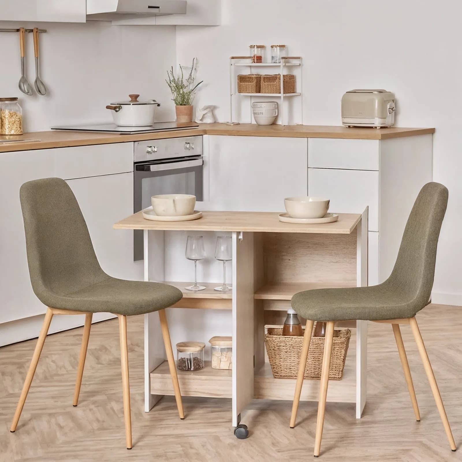 Tavolo consolle allungabile 120x80 cm bianco ed effetto rovere con ripiani e ruote - Jarek
