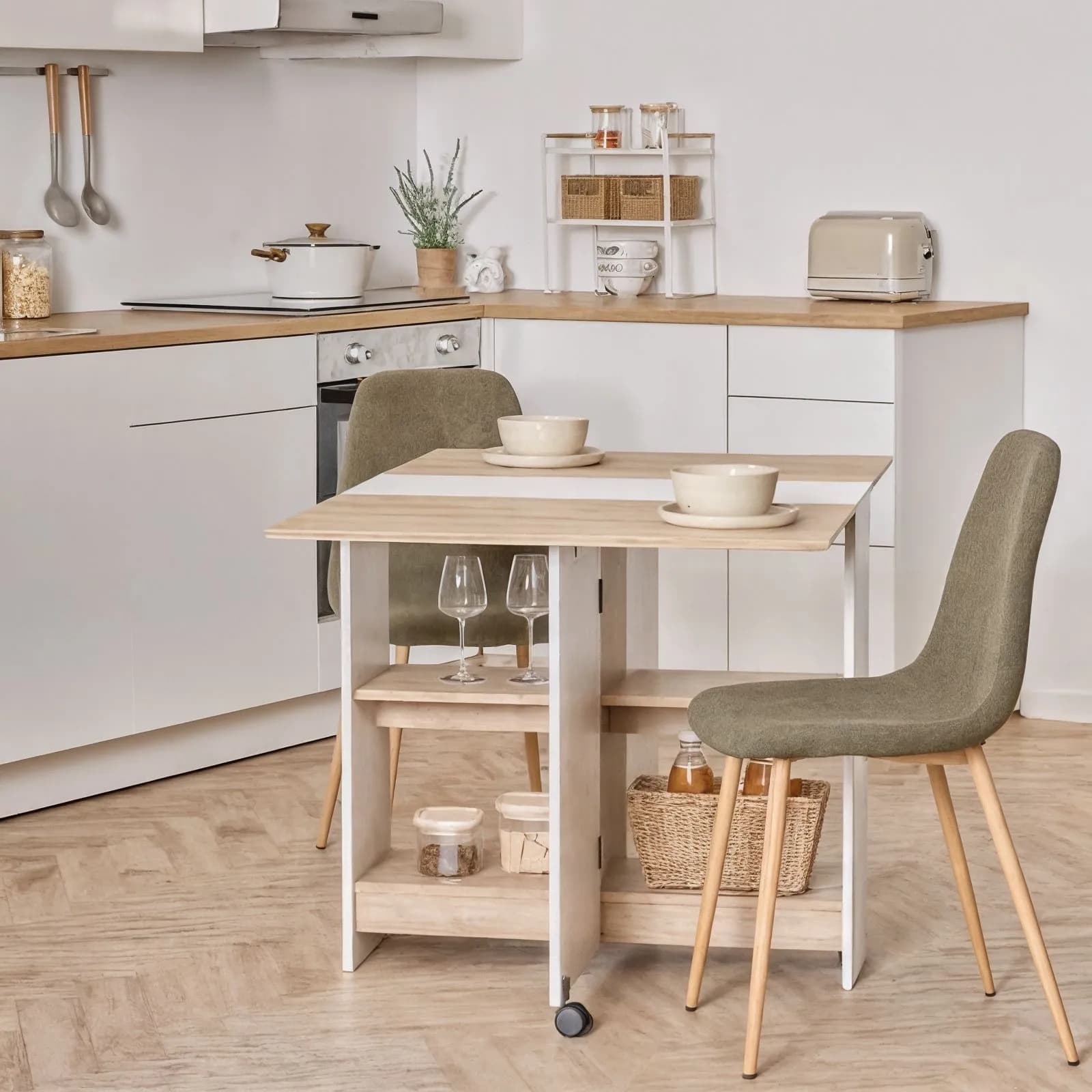 Tavolo consolle allungabile 120x80 cm bianco ed effetto rovere con ripiani e ruote - Jarek