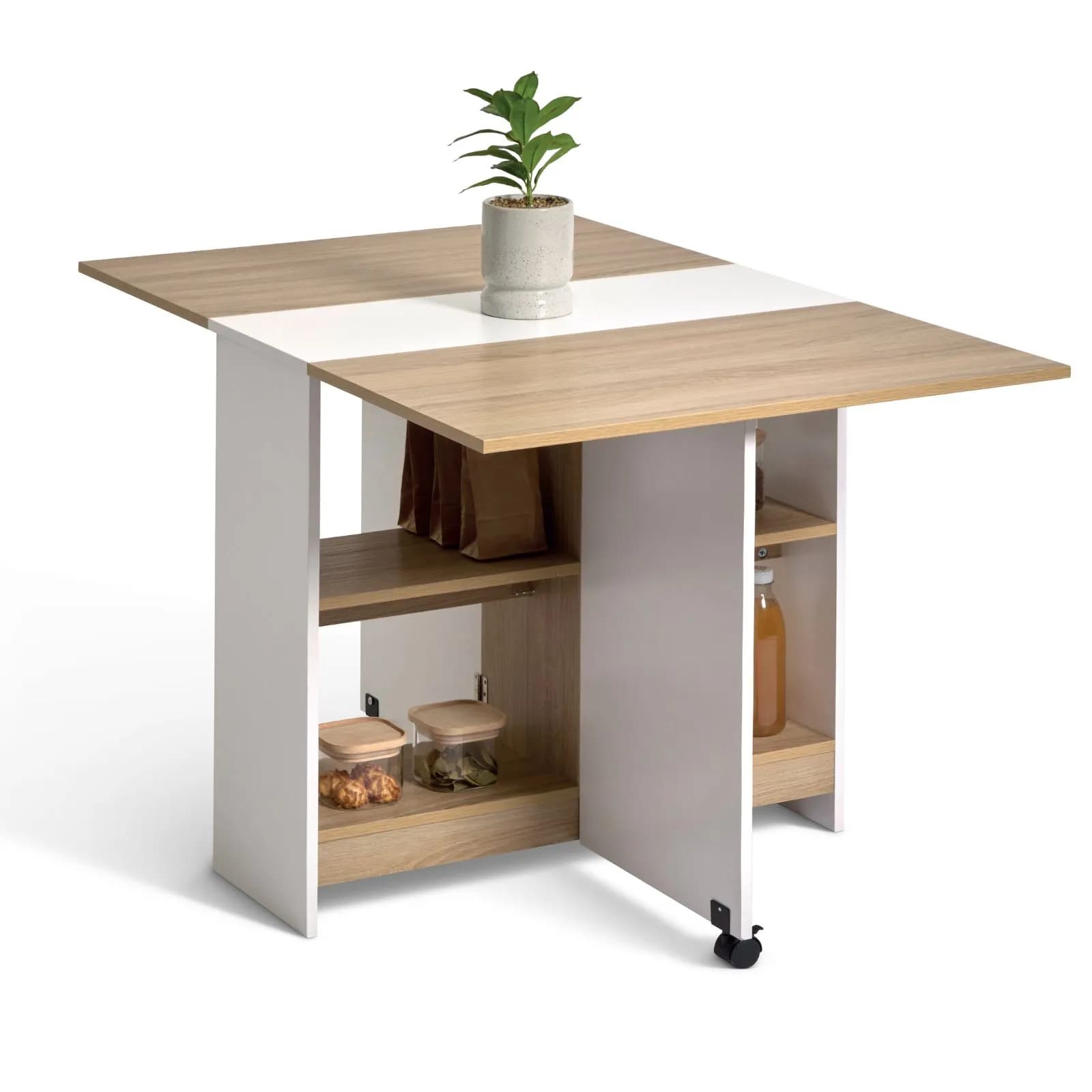 Tavolo consolle allungabile 120x80 cm bianco ed effetto rovere con ripiani e ruote - Jarek