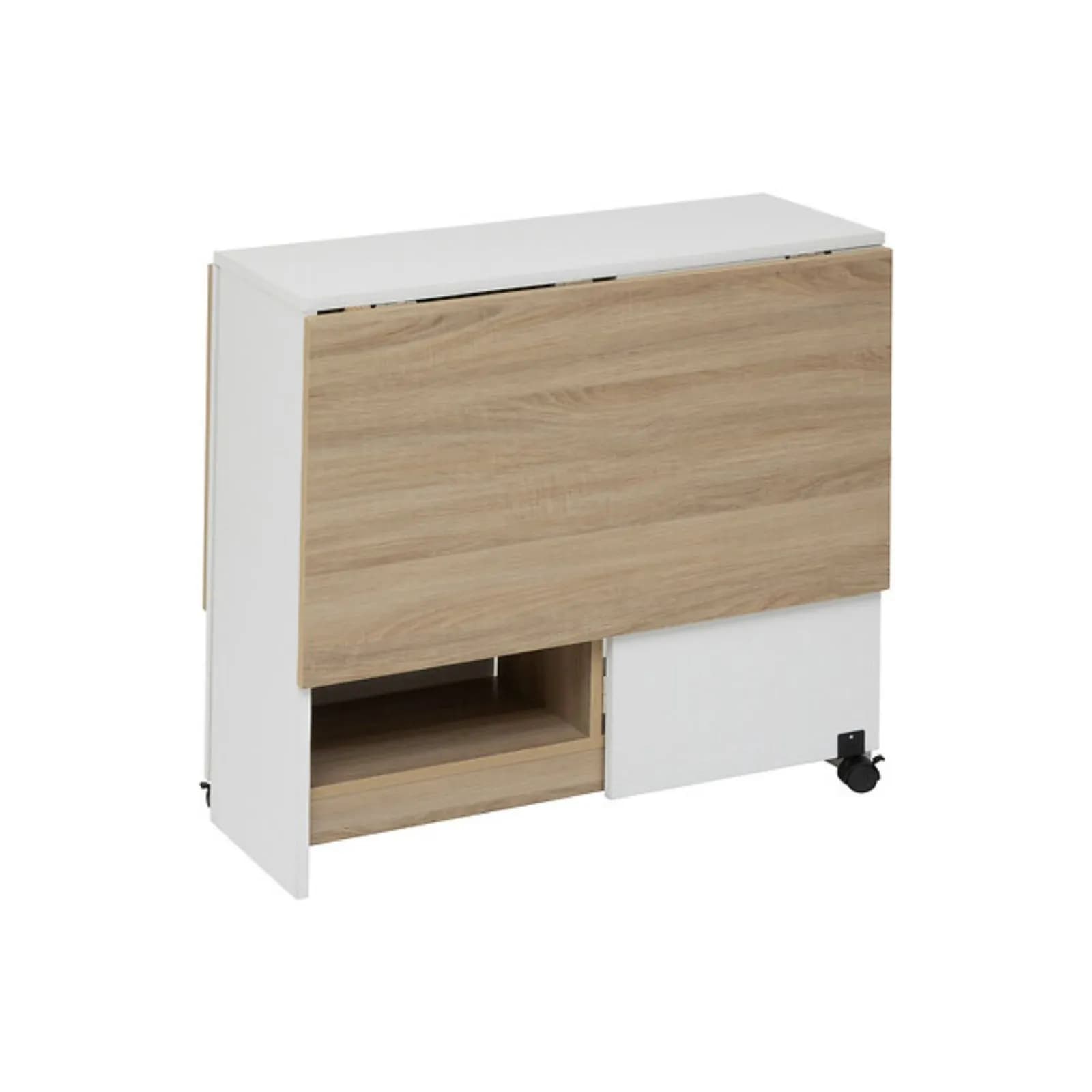 Tavolo consolle allungabile 120x80 cm bianco ed effetto rovere con ripiani e ruote - Jarek