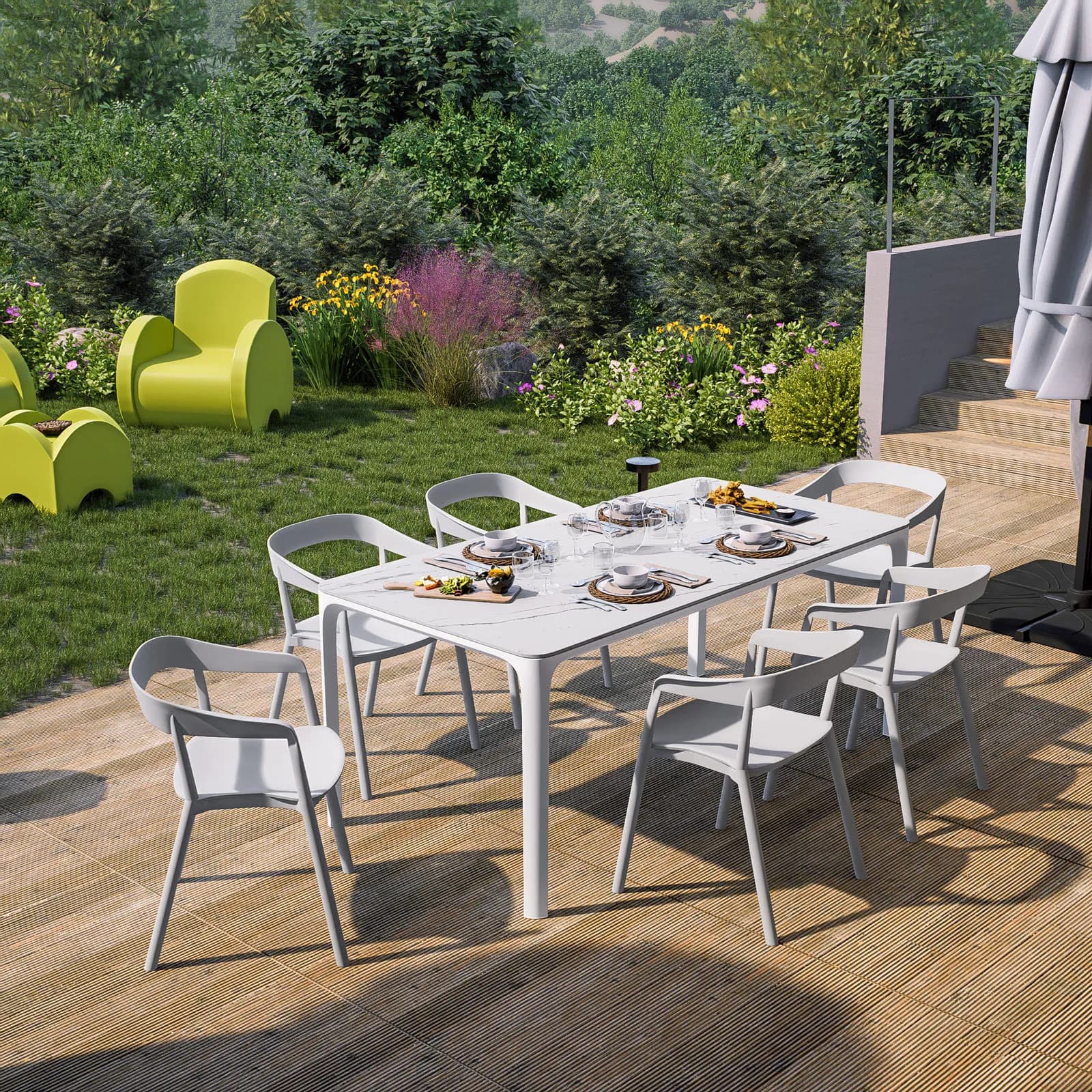 Tavolo da giardino 180x90 cm in alluminio bianco con top effetto marmo bianco - Meditheo