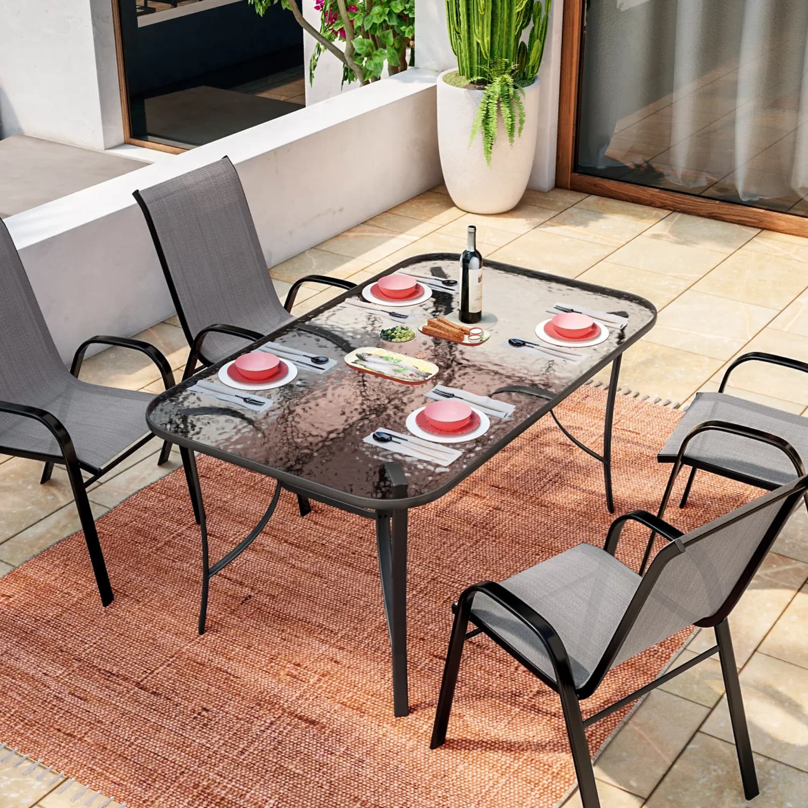 Tavolo da pranzo con top trasparente 150x90 cm in acciaio antracite con foro ombrellone - Ninfa