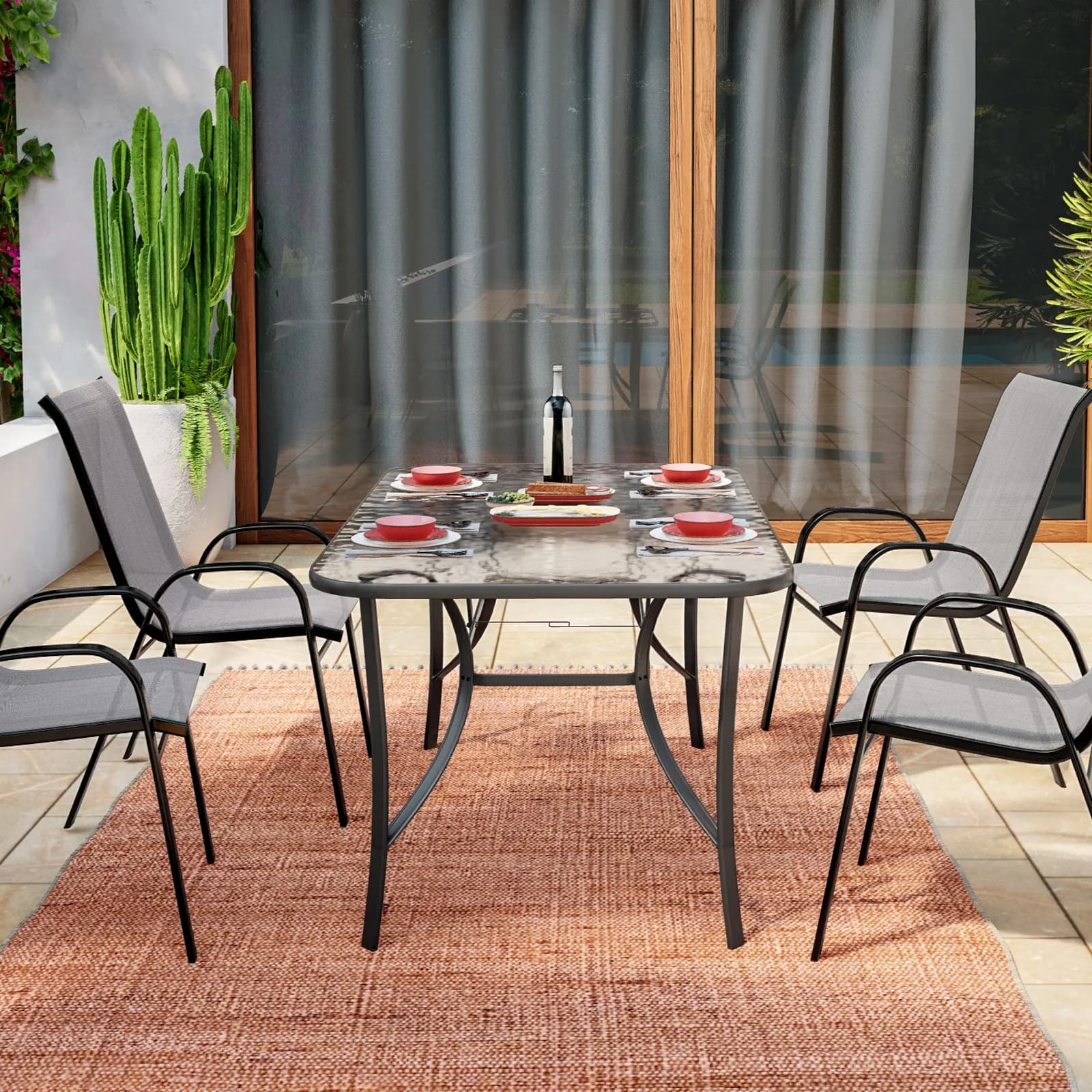 Tavolo da pranzo con top trasparente 150x90 cm in acciaio antracite con foro ombrellone - Ninfa