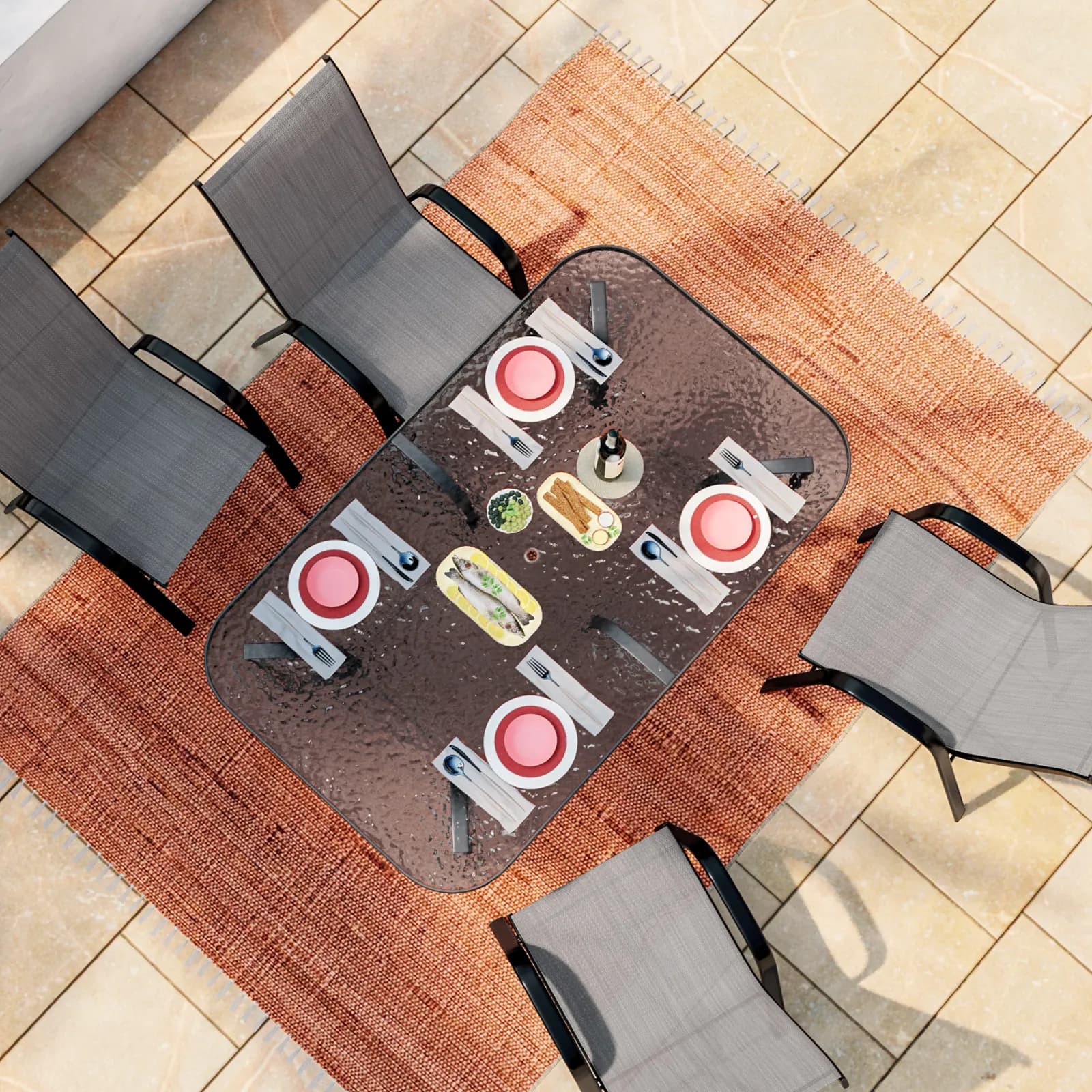 Tavolo da pranzo con top trasparente 150x90 cm in acciaio antracite con foro ombrellone - Ninfa