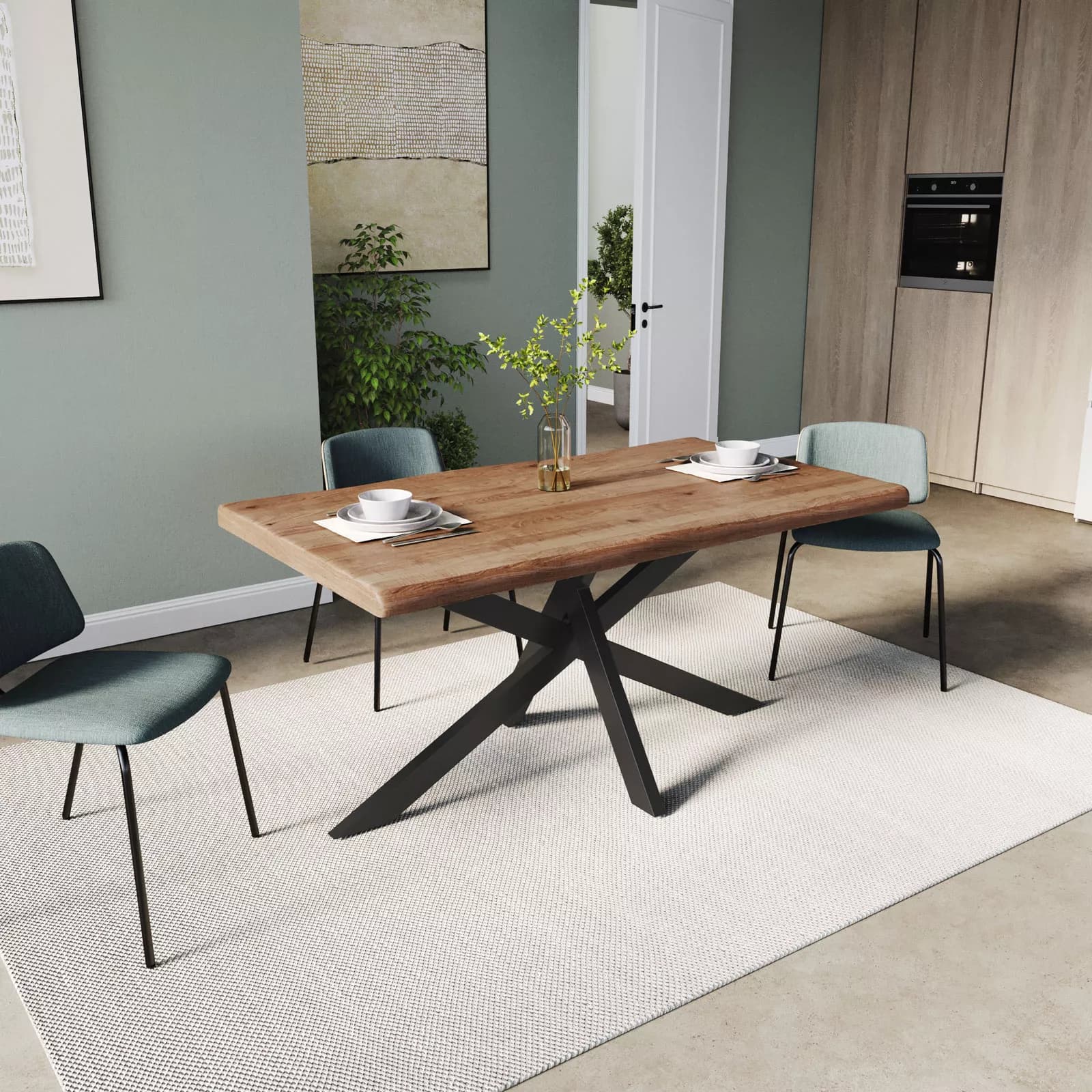 Tavolo da pranzo 160x90 cm con piano in legno di acacia 55 mm e gambe a croce in metallo nero - Freia Acacia