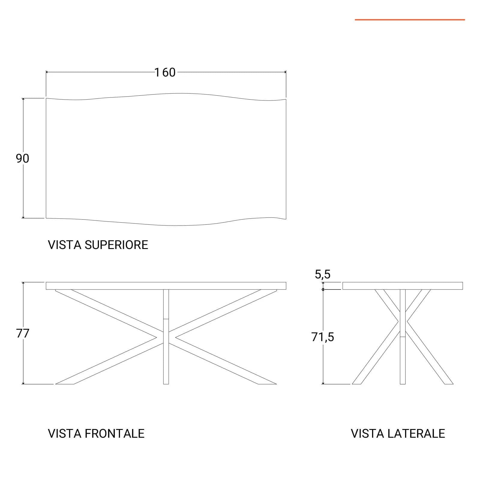 Tavolo da pranzo 160x90 cm con piano in legno di acacia 55 mm e gambe a croce in metallo nero - Freia Acacia
