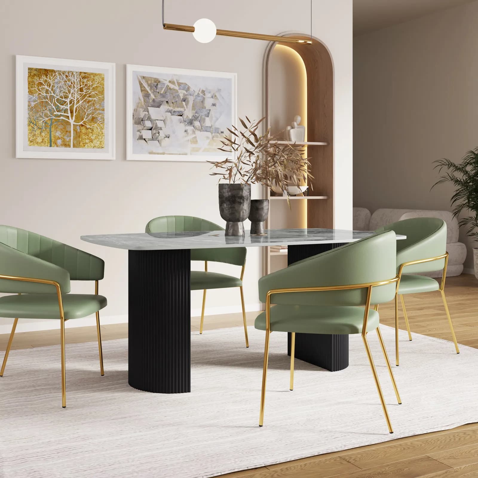 Tavolo da pranzo 160x90 cm top in ceramica effetto marmo grigio e gambe in metallo cannettato nero - Rolam