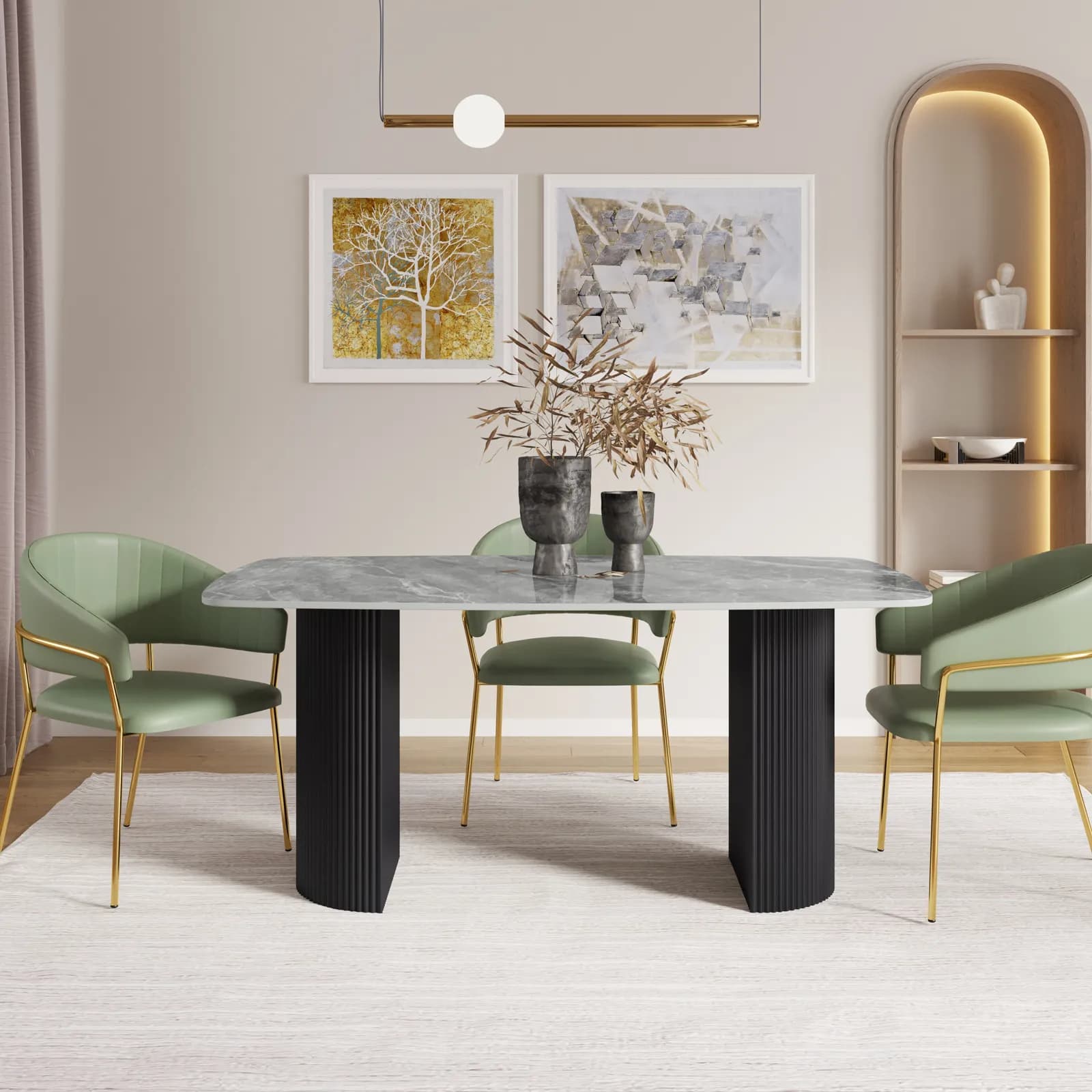 Tavolo da pranzo 160x90 cm top in ceramica effetto marmo grigio e gambe in metallo cannettato nero - Rolam