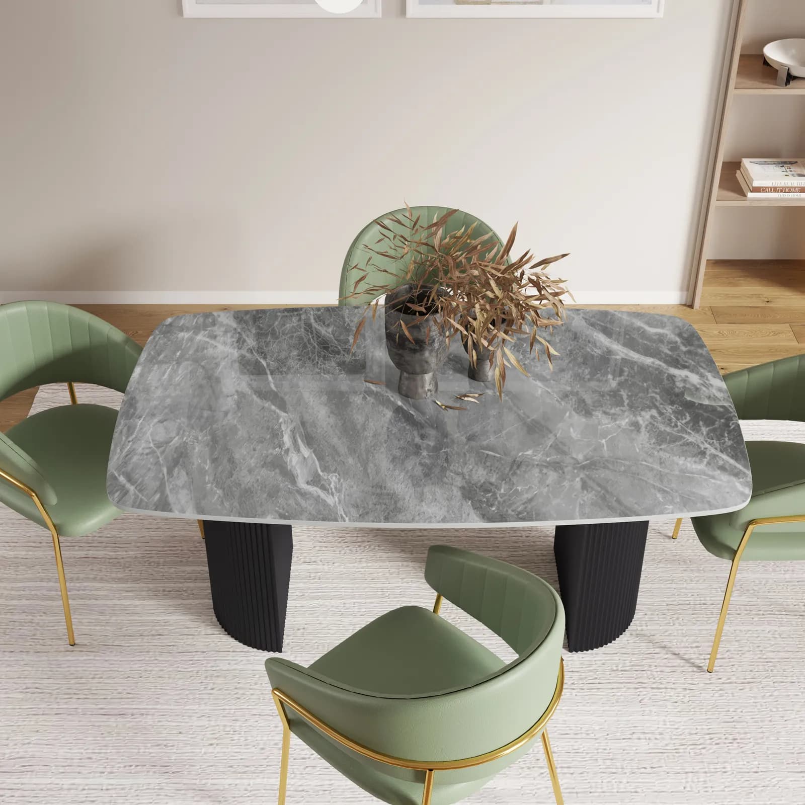 Tavolo da pranzo 160x90 cm top in ceramica effetto marmo grigio e gambe in metallo cannettato nero - Rolam
