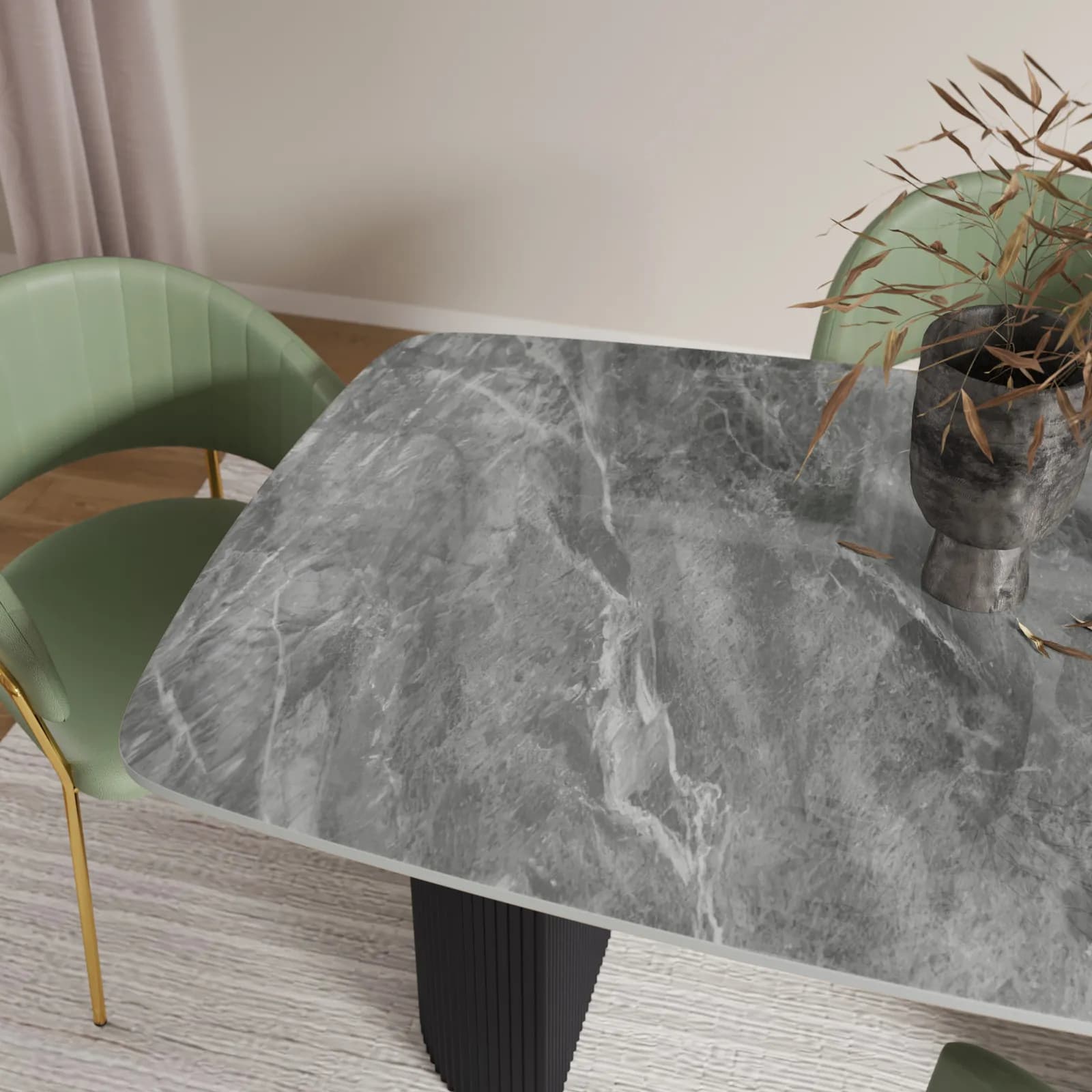 Tavolo da pranzo 160x90 cm top in ceramica effetto marmo grigio e gambe in metallo cannettato nero - Rolam