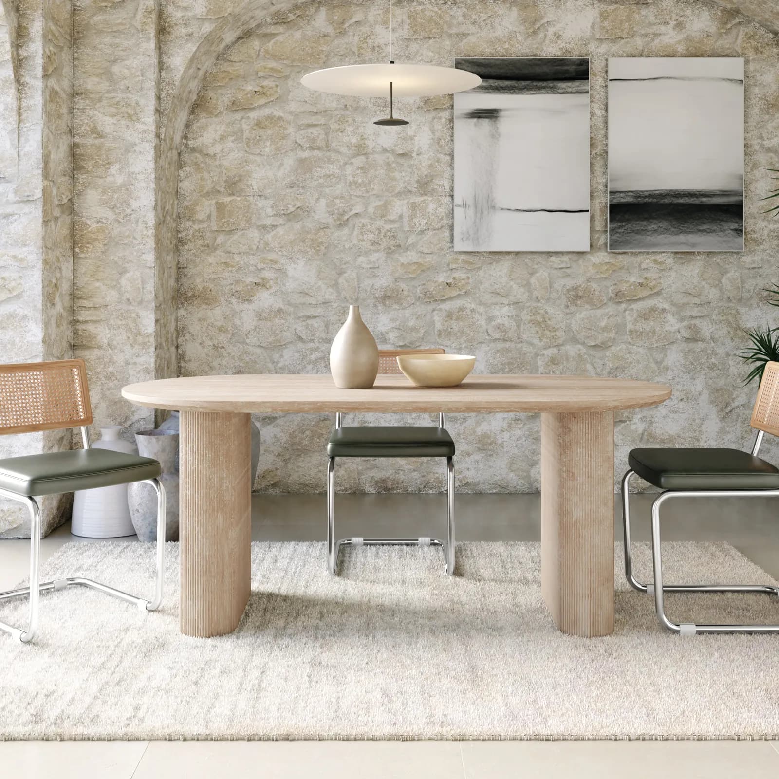 Tavolo da pranzo 180x90 cm beige con top effetto travertino e base cannettata - Gwin