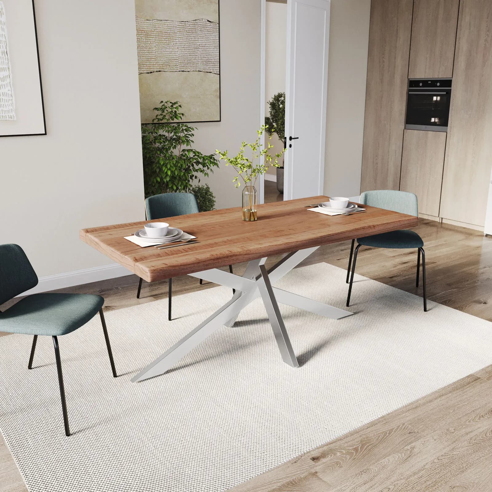 Tavolo 180x90 cm piano in legno di acacia 55 mm e gambe a croce in metallo cromo - Freia Acacia