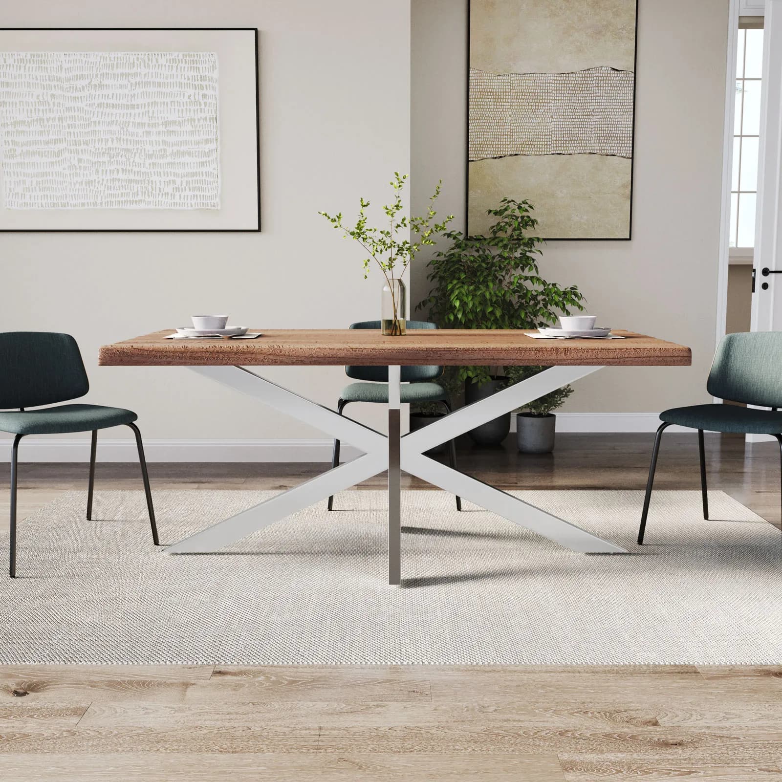 Tavolo 180x90 cm piano in legno di acacia 55 mm e gambe a croce in metallo cromo - Freia Acacia