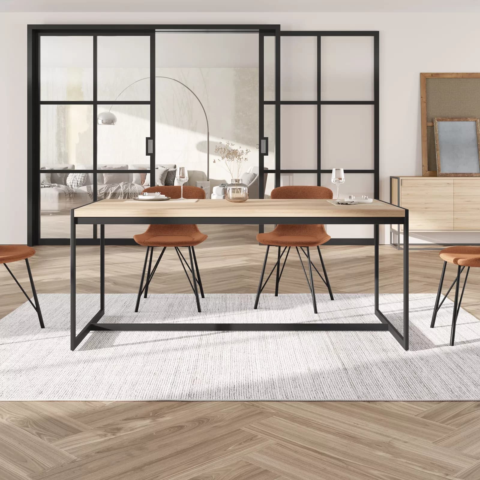 Tavolo da pranzo 180x90 cm con top rovere e gambe in metallo nero - Morfeo