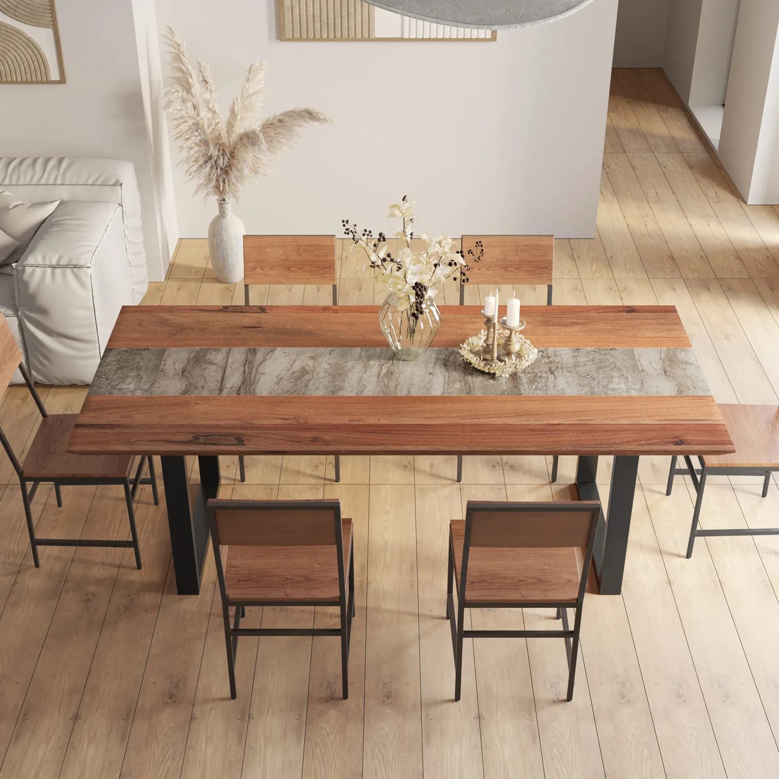 Tavolo da pranzo 220x100 top in legno di acacia 50mm con dettaglio effetto pietra e gambe in metallo nero - Mhalt