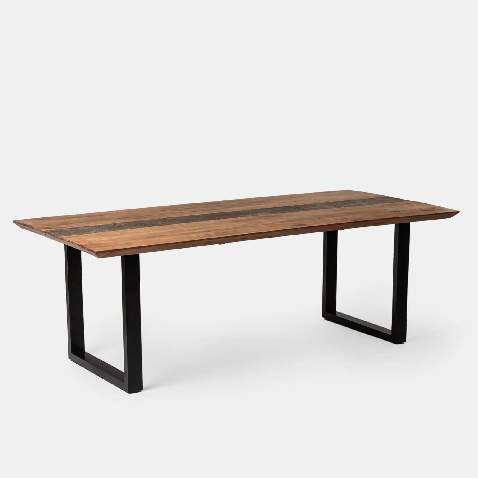 Tavolo da pranzo 220x100 top in legno di acacia 50mm con dettaglio effetto pietra e gambe in metallo nero - Mhalt