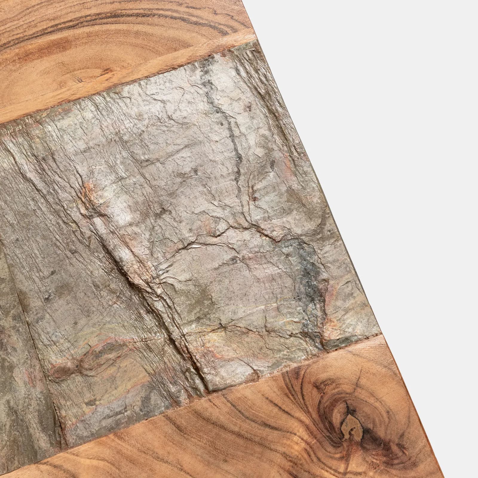 Tavolo da pranzo 220x100 top in legno di acacia 50mm con dettaglio effetto pietra e gambe in metallo nero - Mhalt