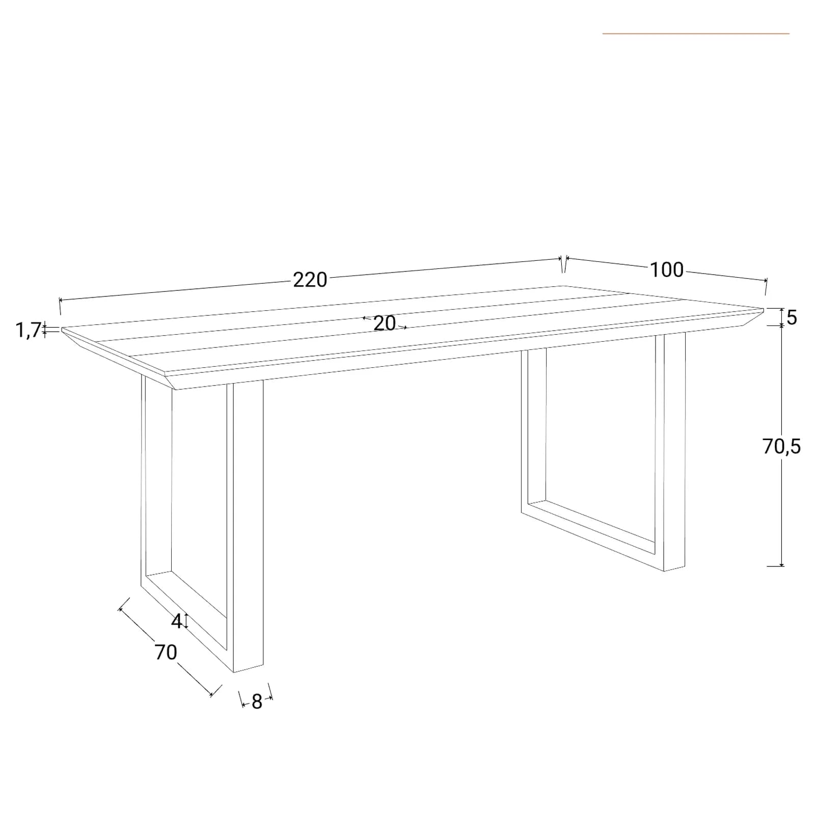 Tavolo da pranzo 220x100 top in legno di acacia 50mm con dettaglio effetto pietra e gambe in metallo nero - Mhalt