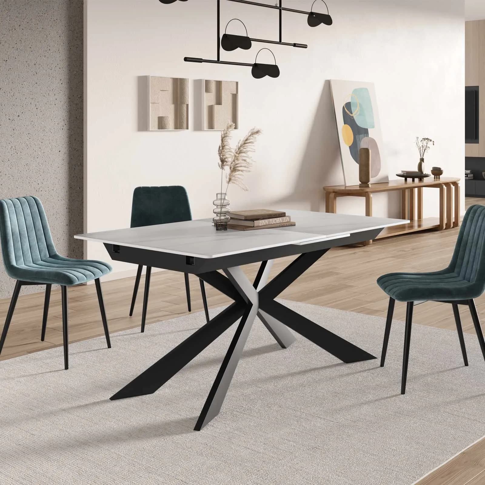 Tavolo allungabile 160-200x90 cm top in ceramica bianco effetto marmo con gambe in metallo nero - Augusto
