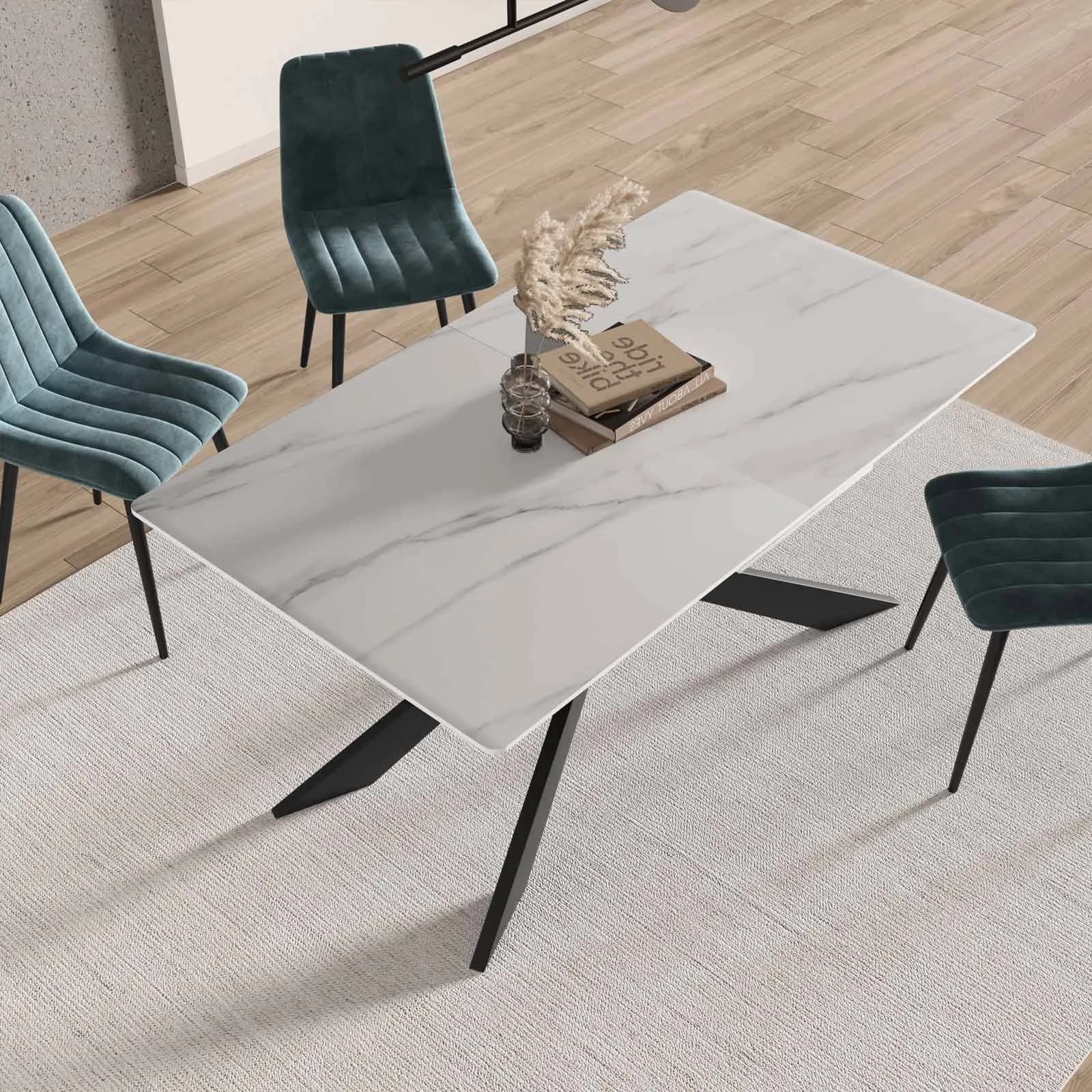 Tavolo allungabile 160-200x90 cm top in ceramica bianco effetto marmo con gambe in metallo nero - Augusto