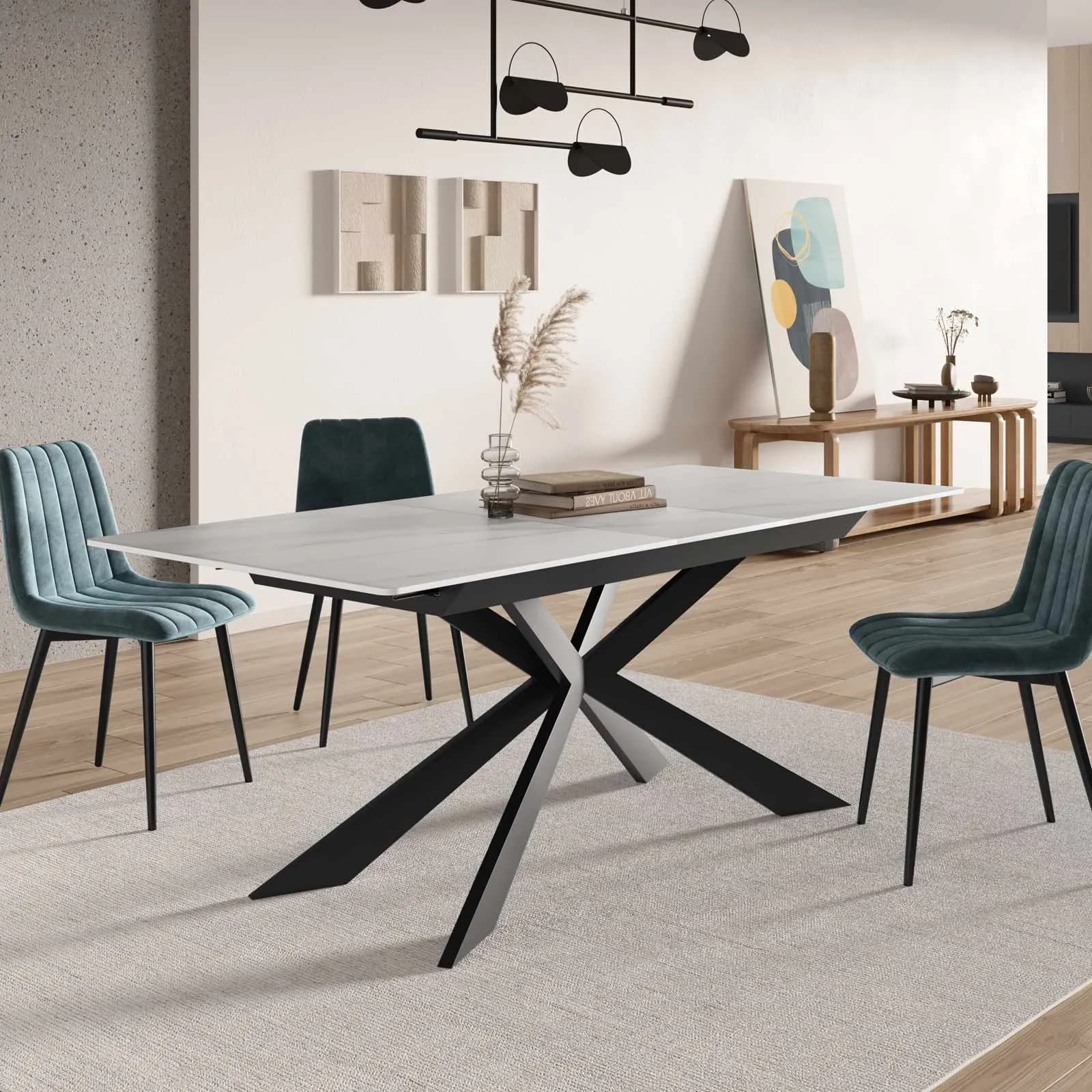 Tavolo allungabile 160-200x90 cm top in ceramica bianco effetto marmo con gambe in metallo nero - Augusto