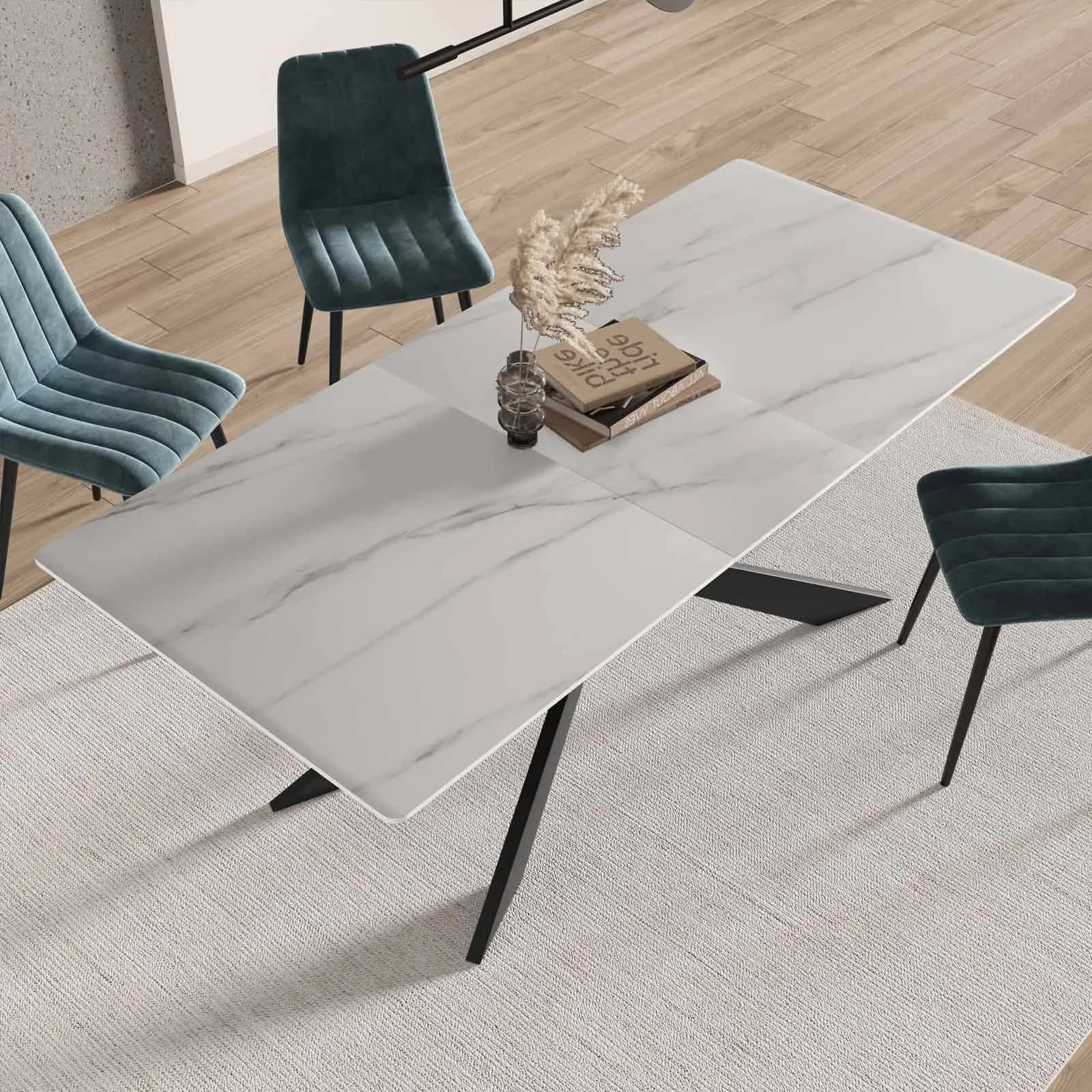 Tavolo allungabile 160-200x90 cm top in ceramica bianco effetto marmo con gambe in metallo nero - Augusto