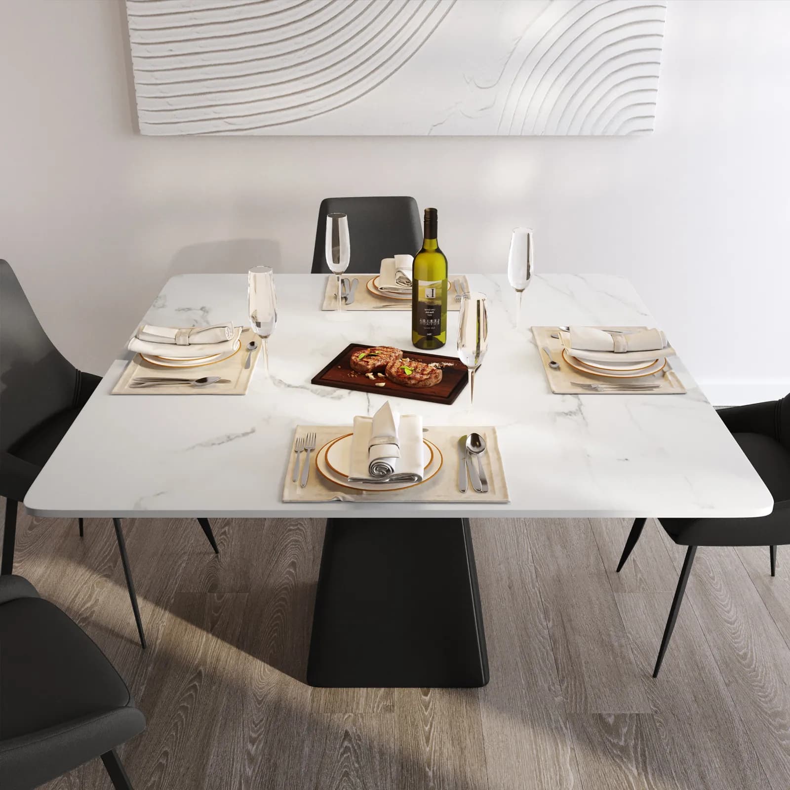 Tavolo quadrato 130 cm con piano in ceramica effetto marmo bianco lucido - Martins