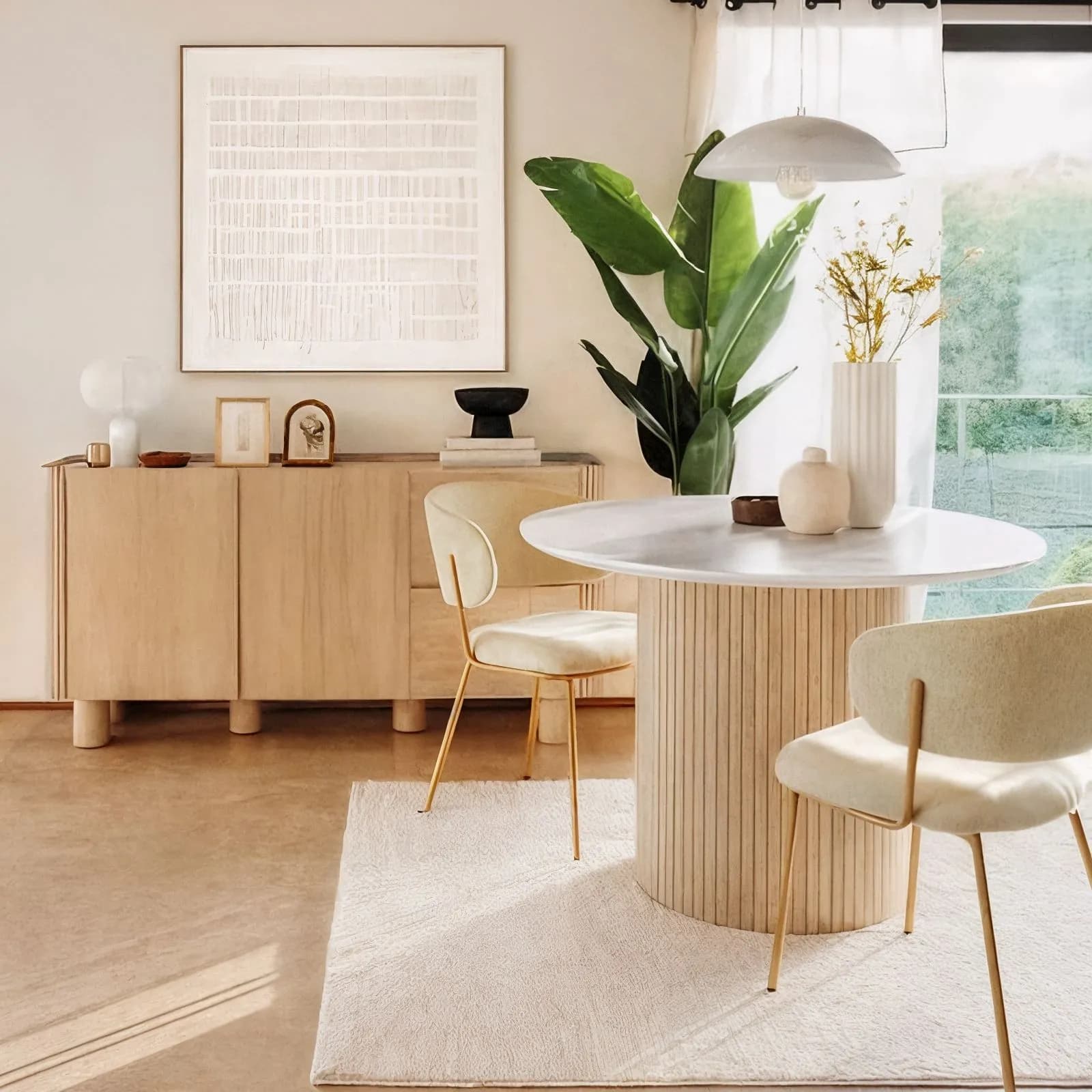 Tavolo rotondo 110 cm in legno cannettato e top effetto marmo - Tamelia
