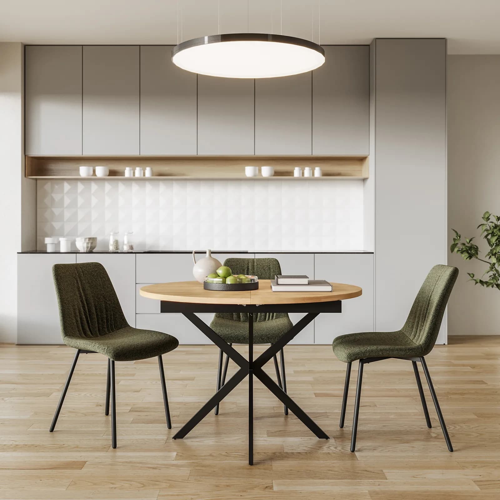 Tavolo rotondo allungabile 110-150x110 cm con top rovere chiaro e gambe in metallo nero - Nagly