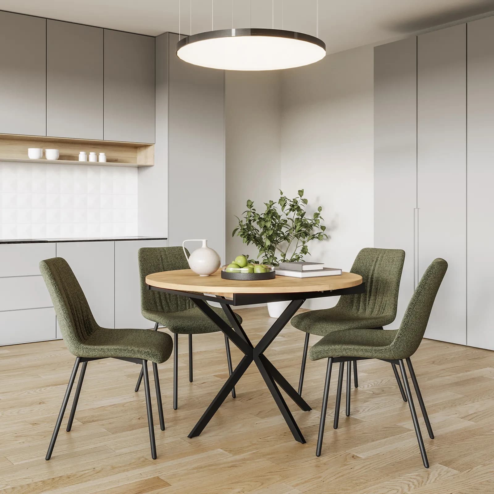 Tavolo rotondo allungabile 110-150x110 cm con top rovere chiaro e gambe in metallo nero - Nagly