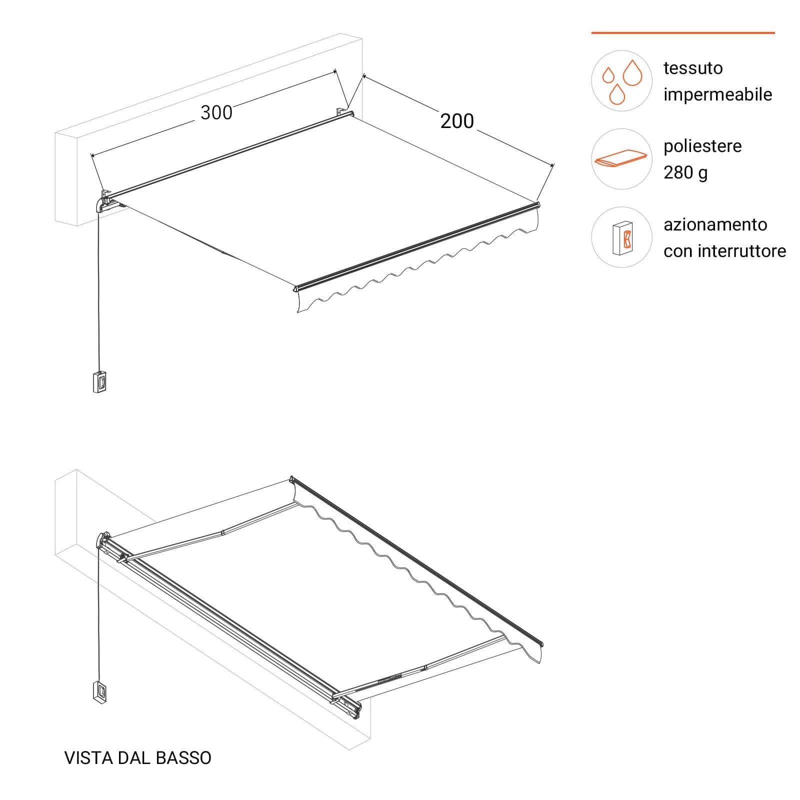 Tenda da sole motorizzata 300 cm estensione 200 cm grigio scuro con interruttore