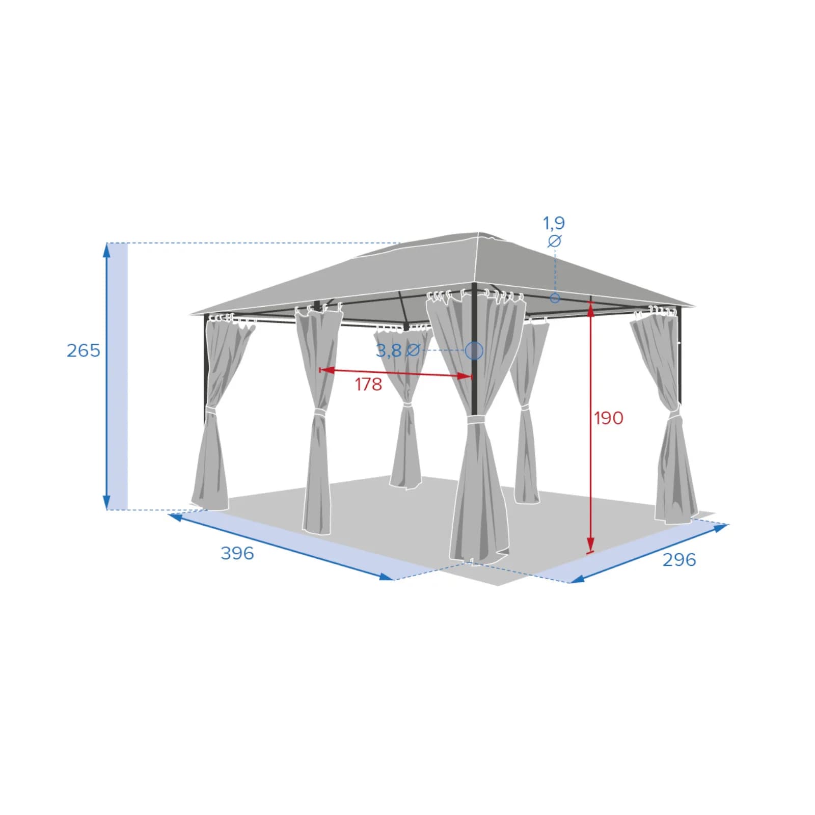 Set 6 tende con cerniera per gazebo Albury e Malvasia da 3x4 m in poliestere grigio