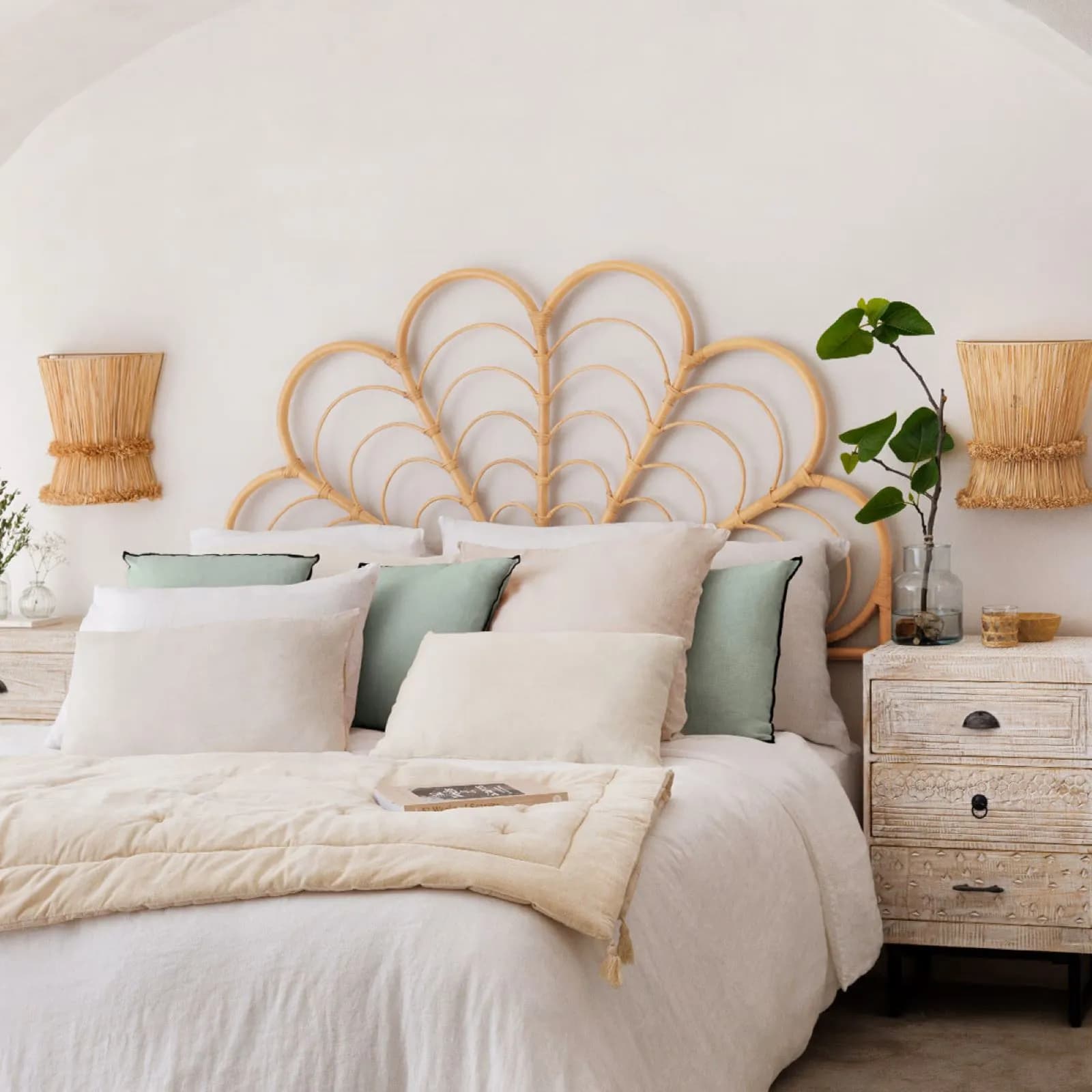 Testata per letto matrimoniale 160x140h cm a fiore in rattan naturale - Colmar