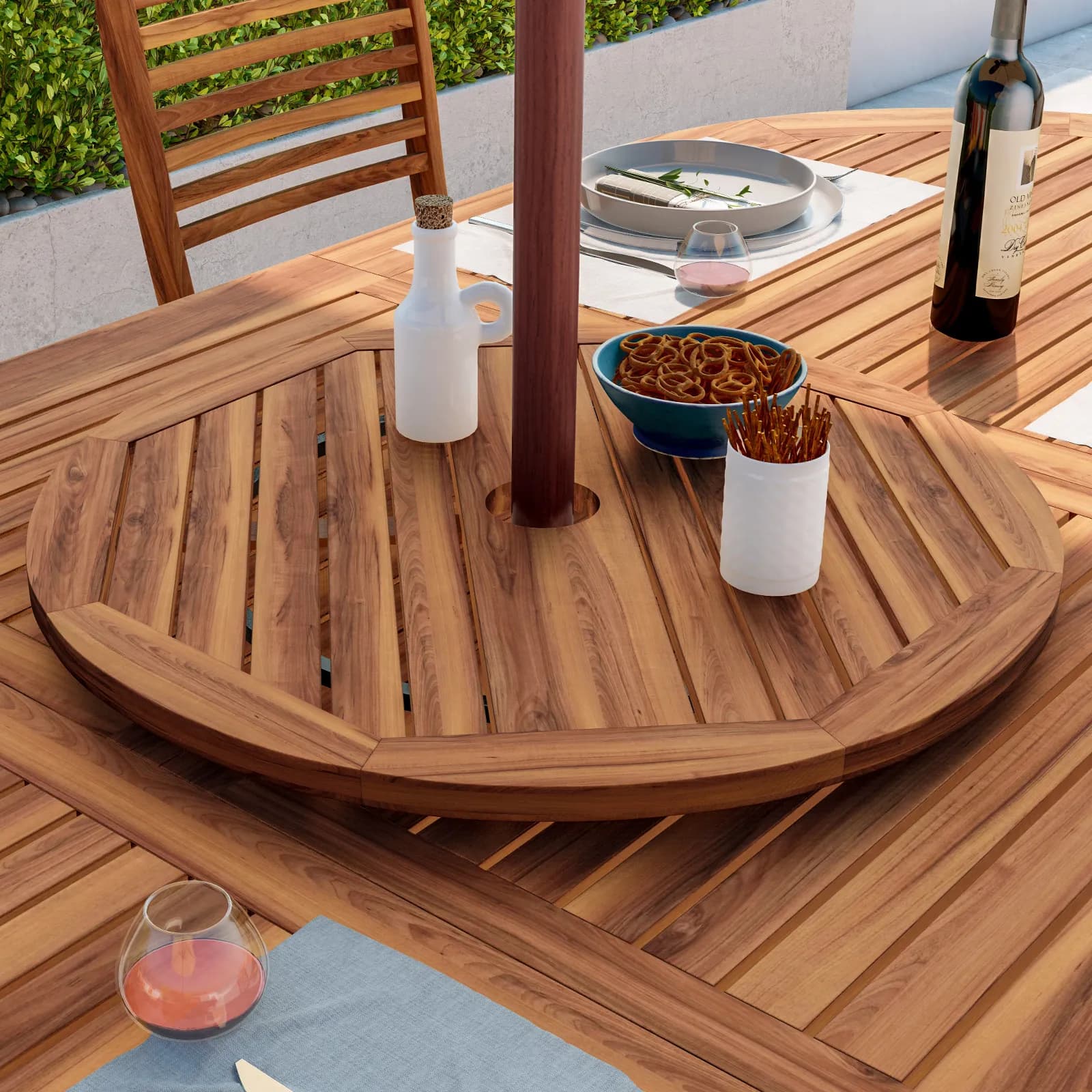 Top girevole rotondo 60 cm per tavolo con foro per ombrellore in legno di acacia – Paja